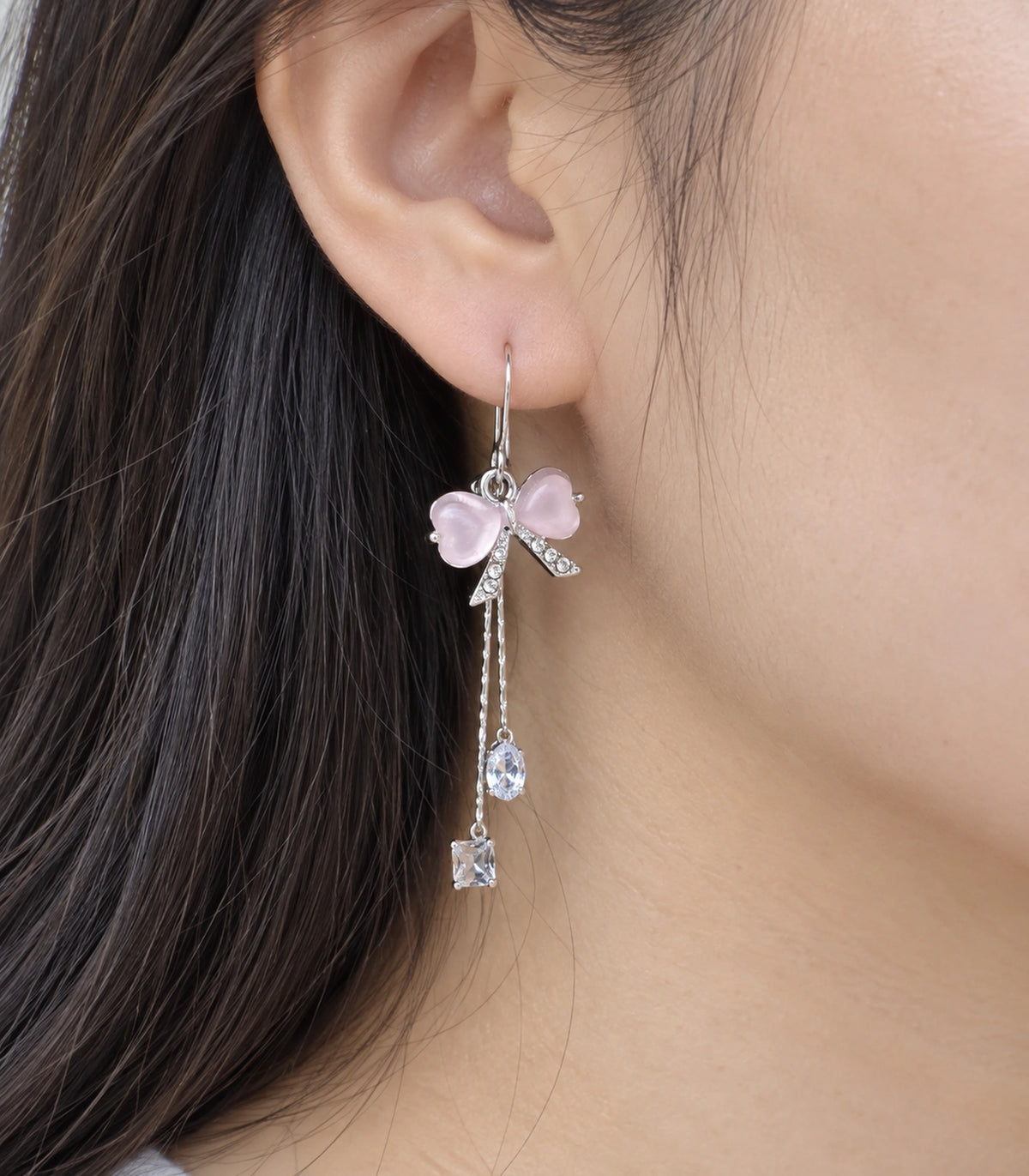 JIMIKI Silver Tone Pink Bow Pear Square Chain Earring Pair in Silver-tone, close-up detail