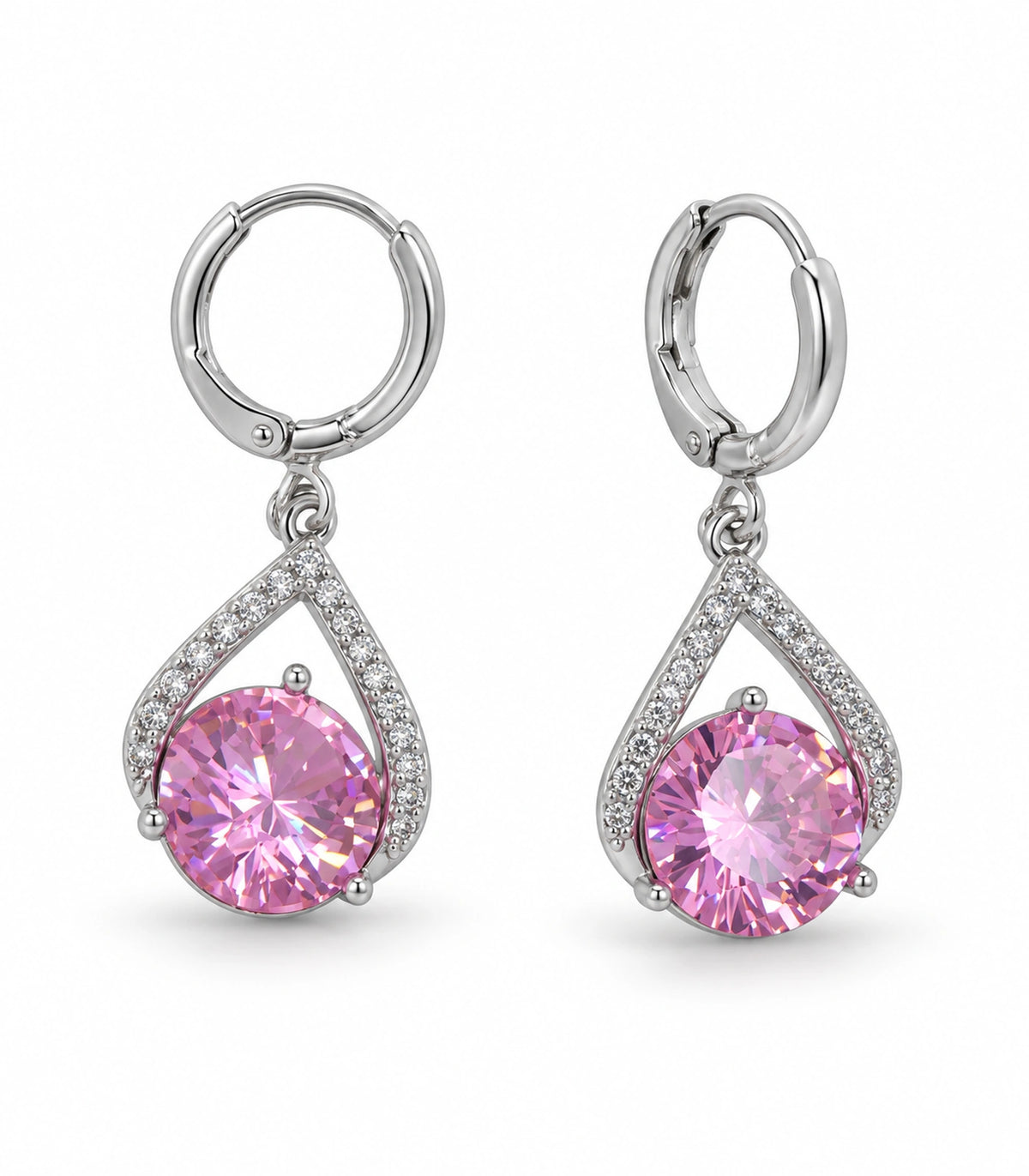 JIMIKI Silver-Tone Pink Crystal Teardrop Huggie Earrings in Silver / Pink, white background product view