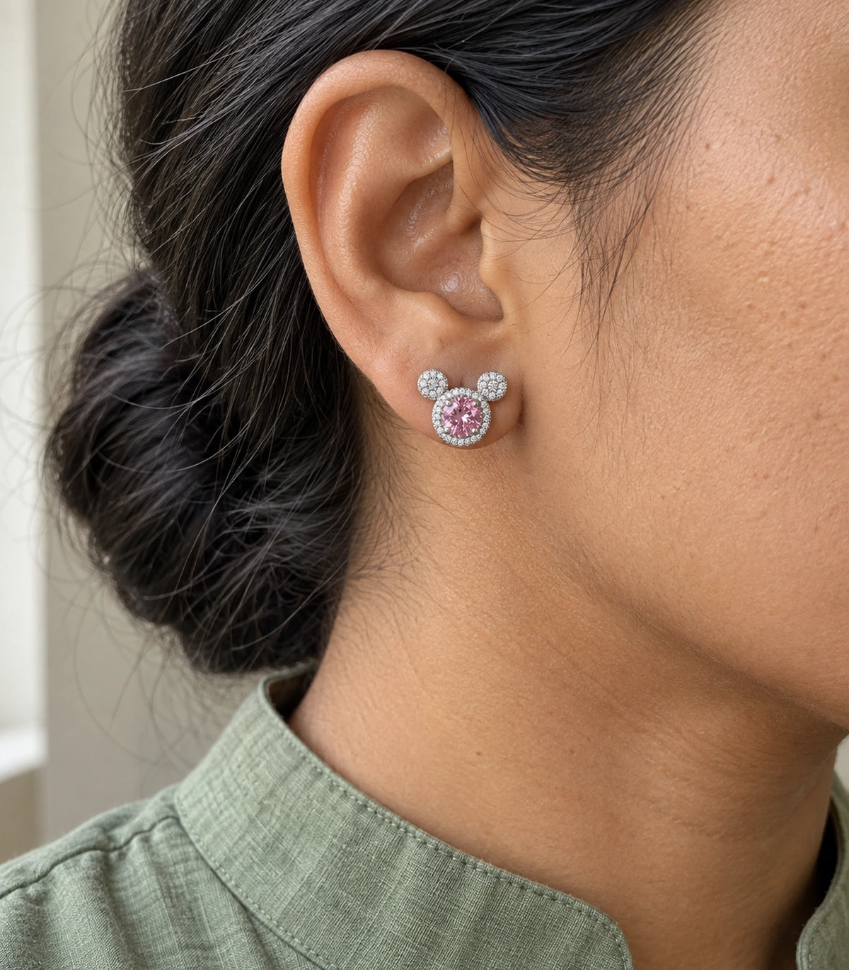 JIMIKI Crystal Three Circle Stud Earring Pair in Silver tone / pink, close-up detail #color_silver tone / pink