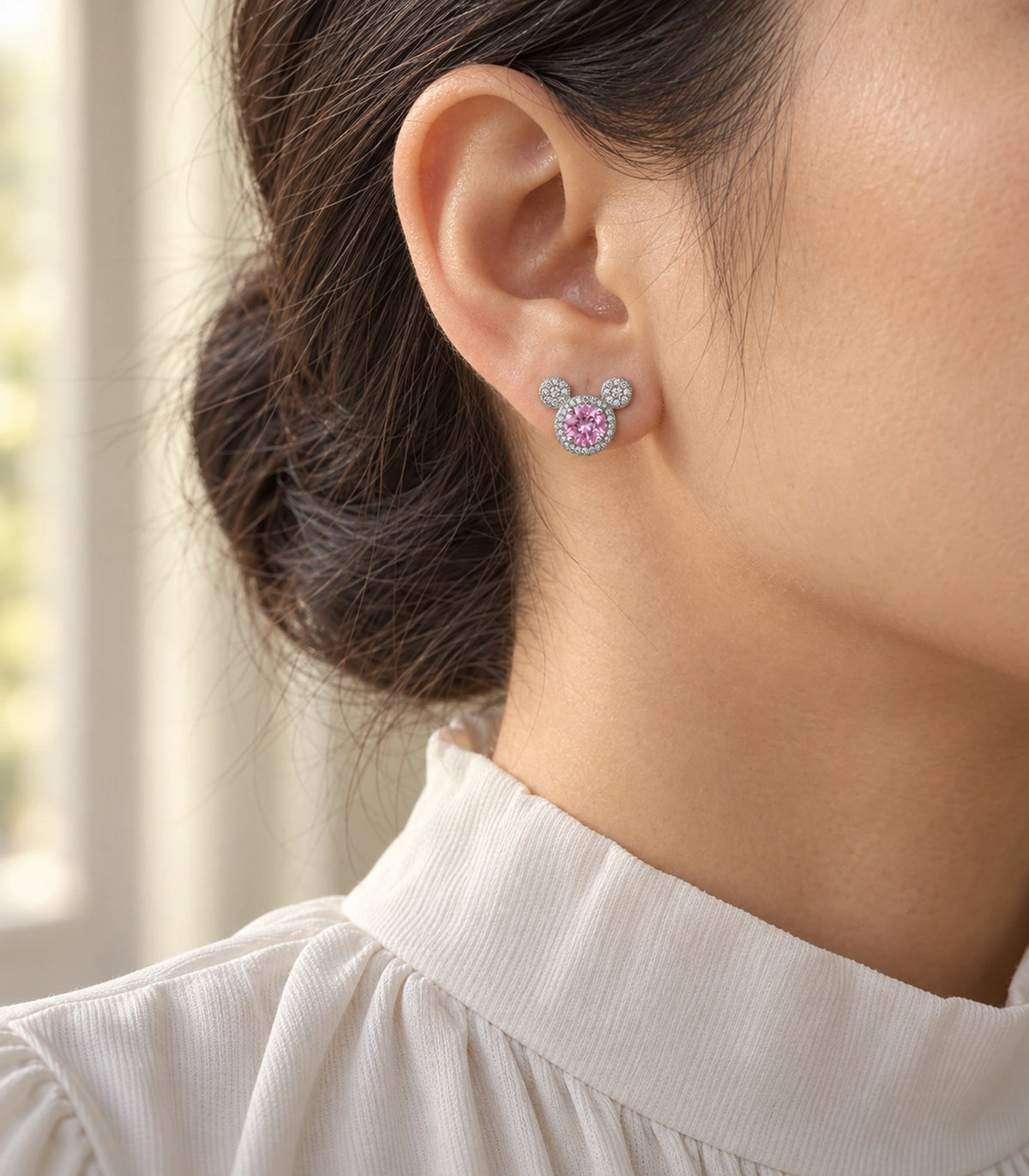 JIMIKI Crystal Three Circle Stud Earring Pair in Silver tone / pink, editorial model view #color_silver tone / pink