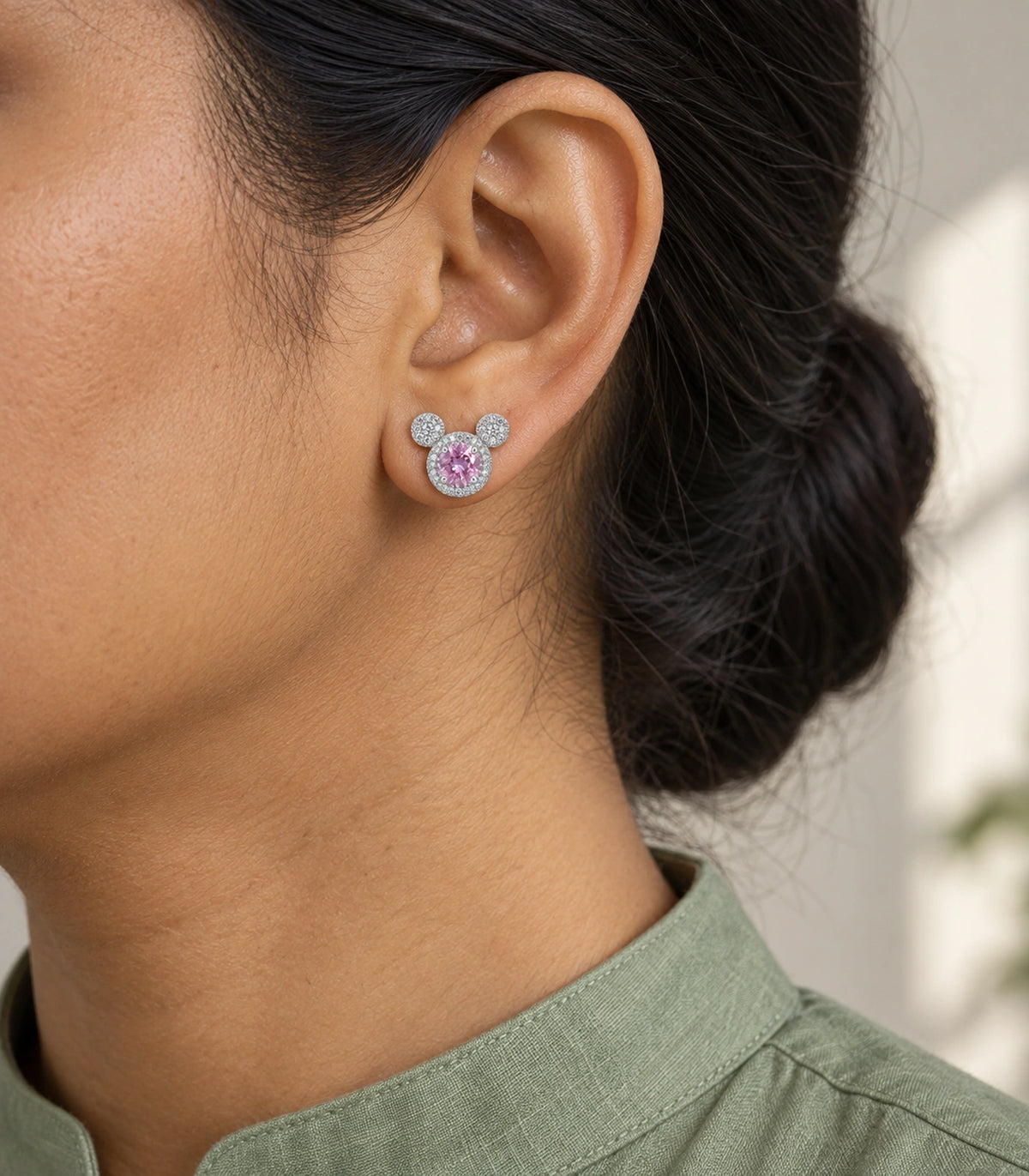 JIMIKI Crystal Three Circle Stud Earring Pair in Silver tone / pink, model wearing view #color_silver tone / pink
