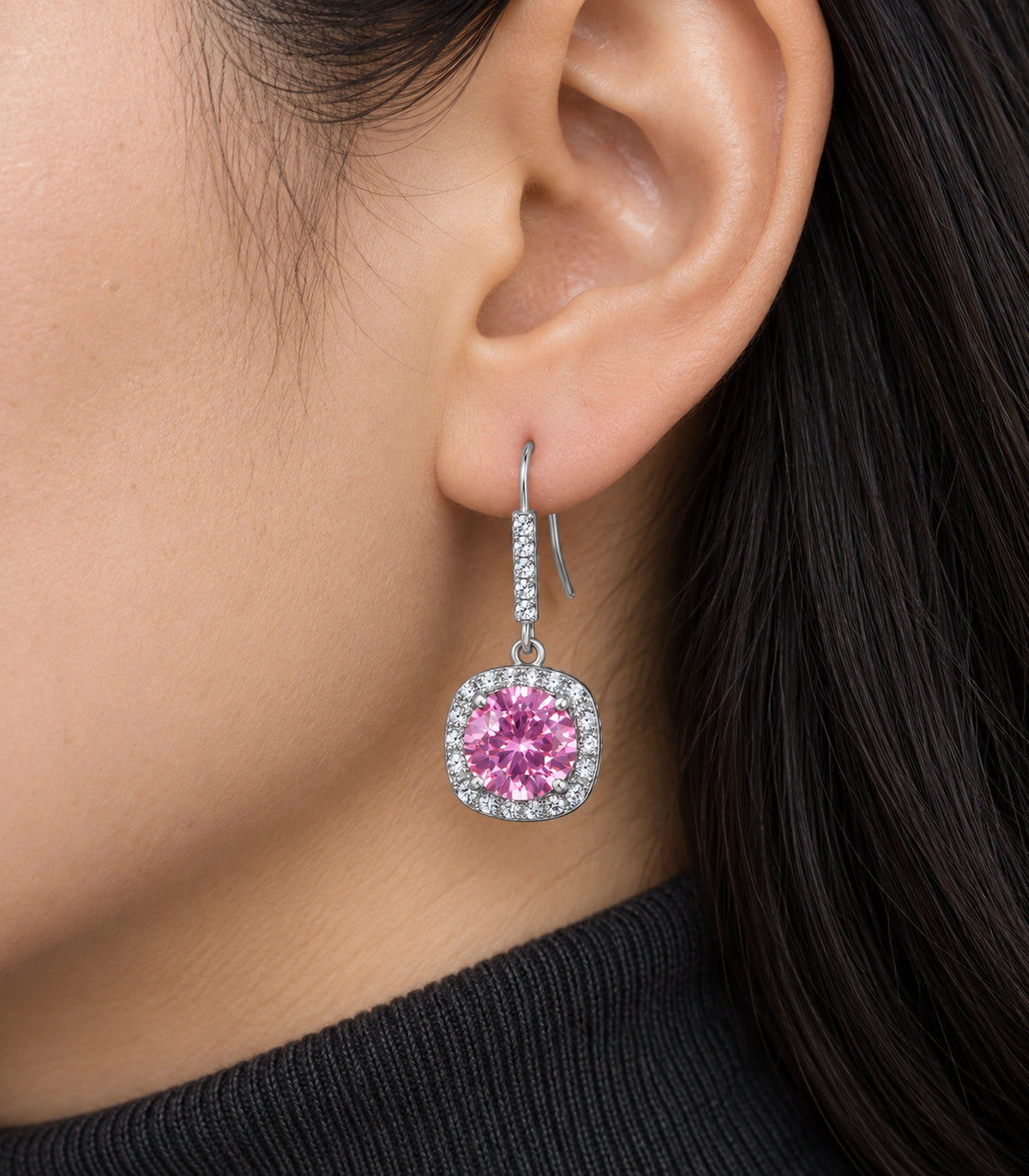 JIMIKI Cushion Halo Hook Drop Earring Pair in Silver tone / pink, close-up detail #color_silver tone / pink