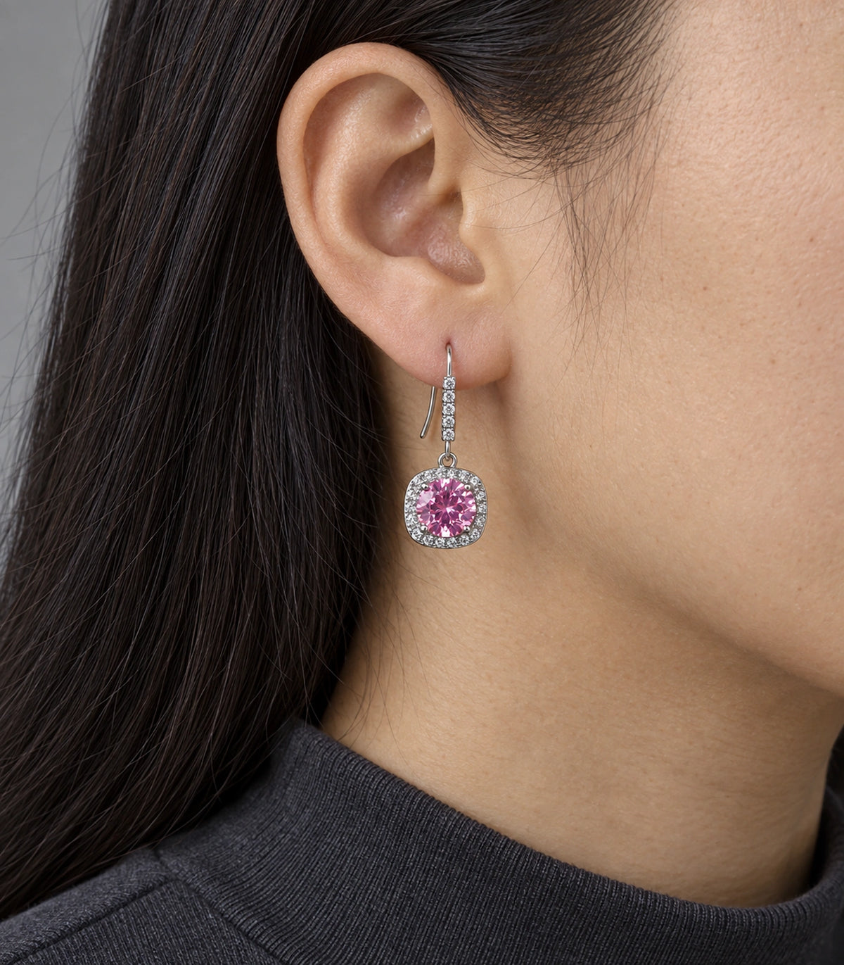 JIMIKI Cushion Halo Hook Drop Earring Pair in Silver tone / pink, model wearing view #color_silver tone / pink