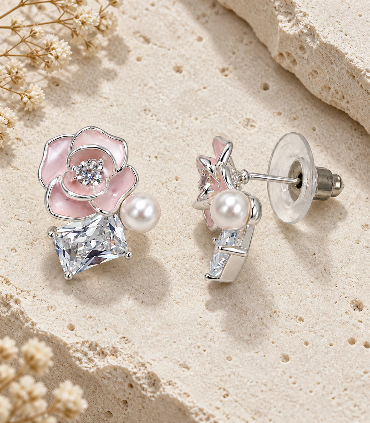 JIMIKI Flower Pearl Square Crystal Stud Earring Pair in Silver tone / Pink, editorial flat lay #color_silver tone / pink