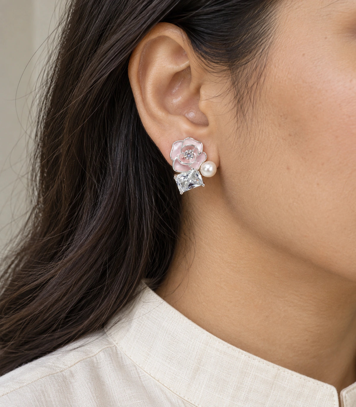 JIMIKI Flower Pearl Square Crystal Stud Earring Pair in Silver tone / Pink, model wearing view #color_silver tone / pink