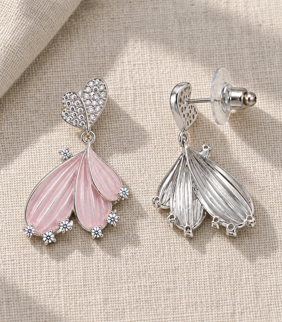JIMIKI Ribbed Fan Crystal Drop Earring Pair in Silver tone, editorial flat lay #color_silver tone