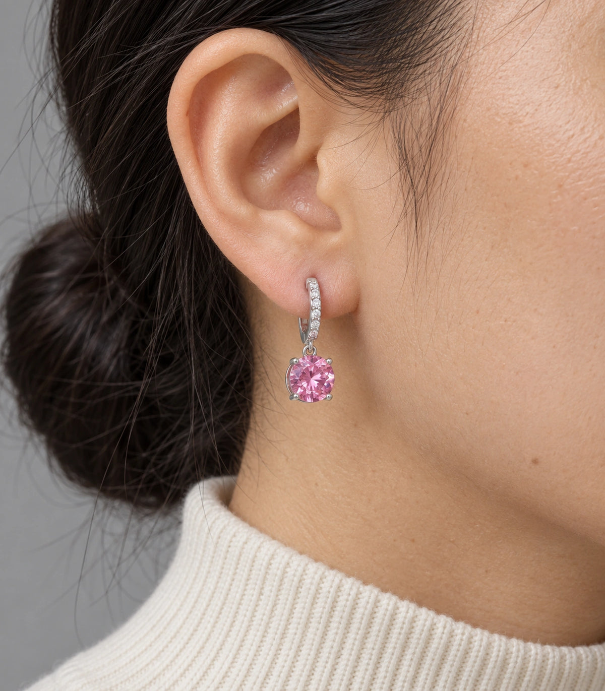 JIMIKI Round Crystal Hoop Drop Earring Pair in Silver tone / pink, close-up detail #color_silver tone / pink