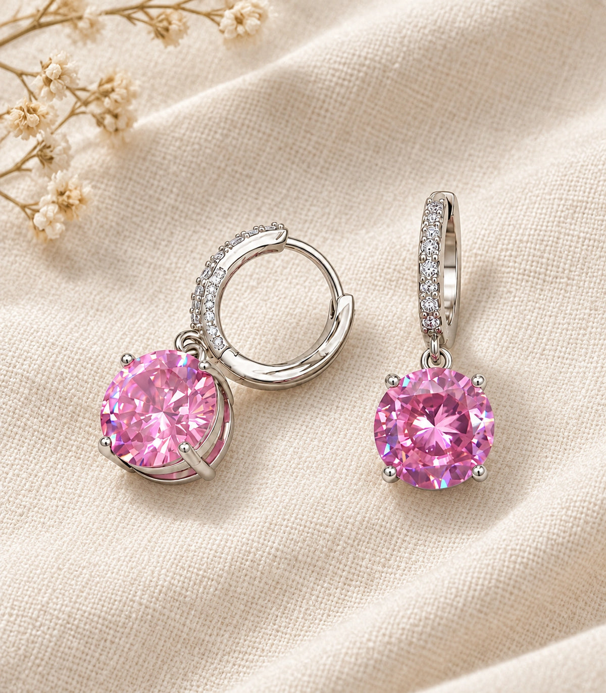JIMIKI Round Crystal Hoop Drop Earring Pair in Silver tone / pink, editorial flat lay #color_silver tone / pink