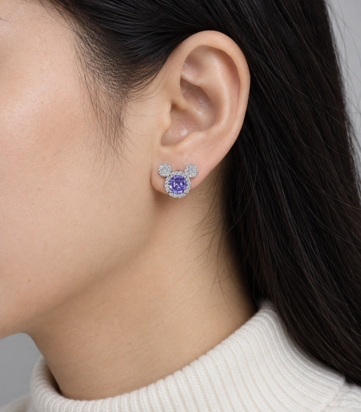 JIMIKI Crystal Three Circle Stud Earring Pair in Silver tone / purple, model wearing view #color_silver tone / purple