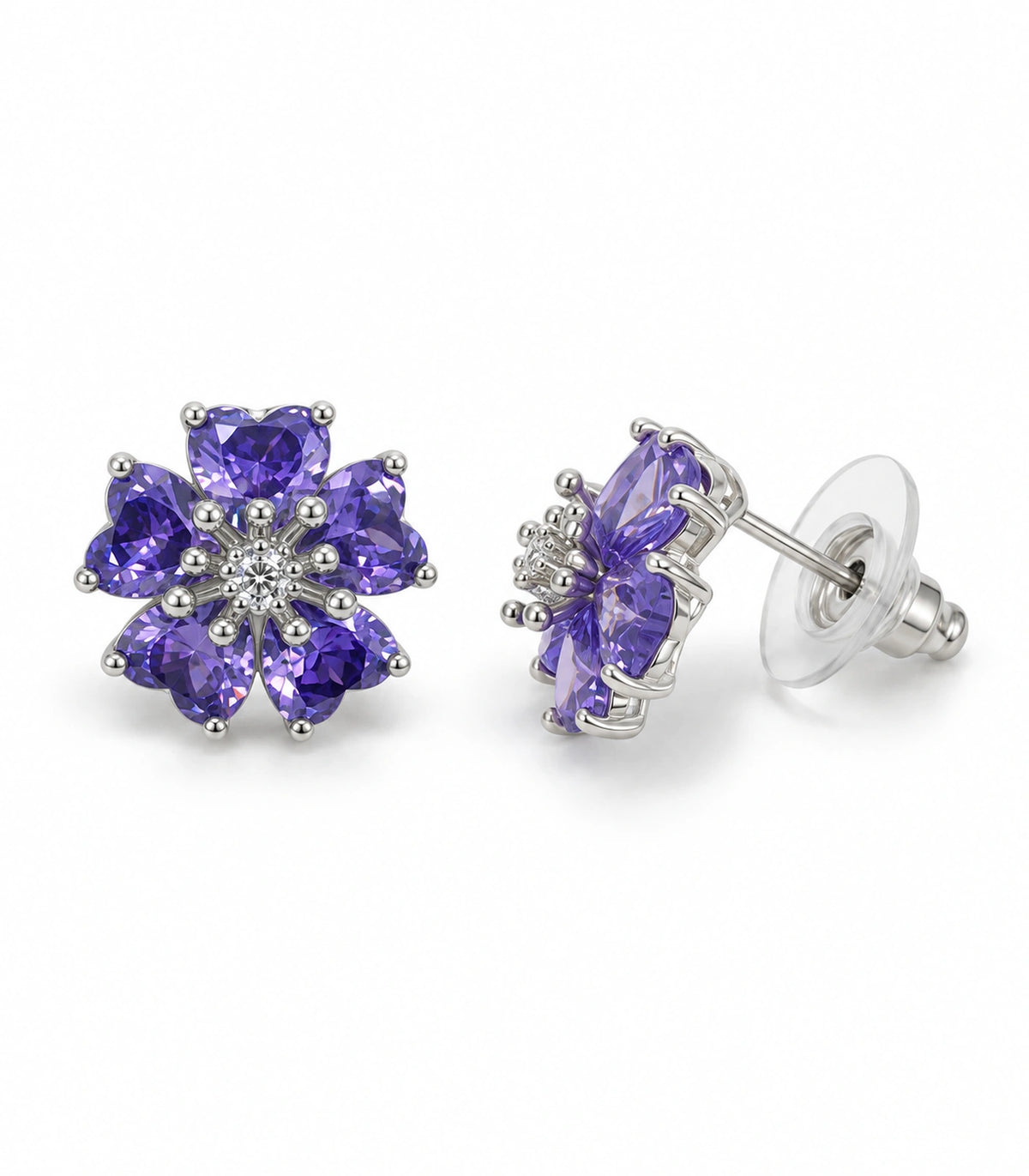 JIMIKI Five Petal Crystal Flower Stud Earring Pair in Silver tone / purple, white background product view #color_silver tone / purple