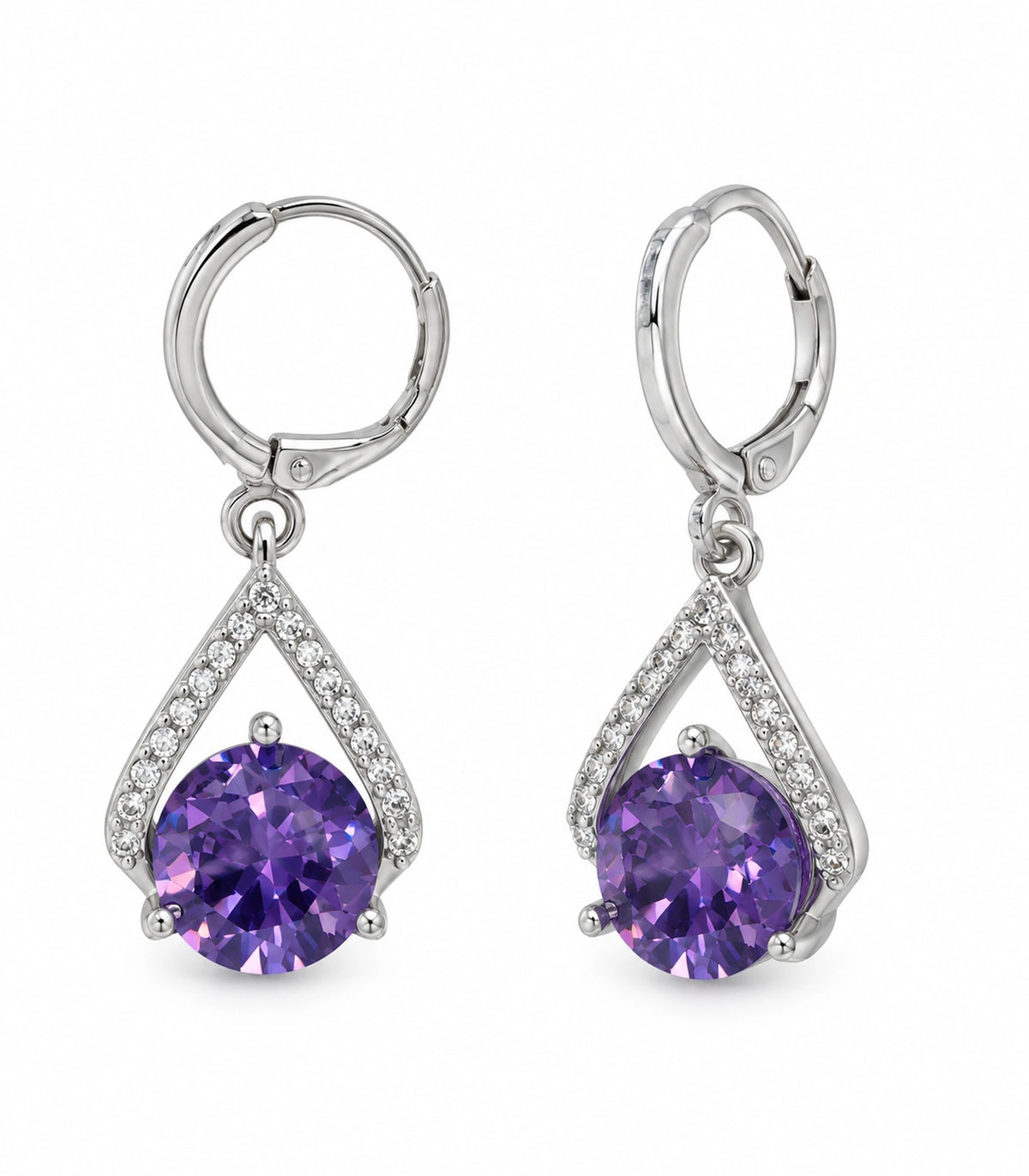 JIMIKI Round Crystal Teardrop Frame Drop Earring Pair in Silver tone/Purple, white background product view #color_silver tone/purple