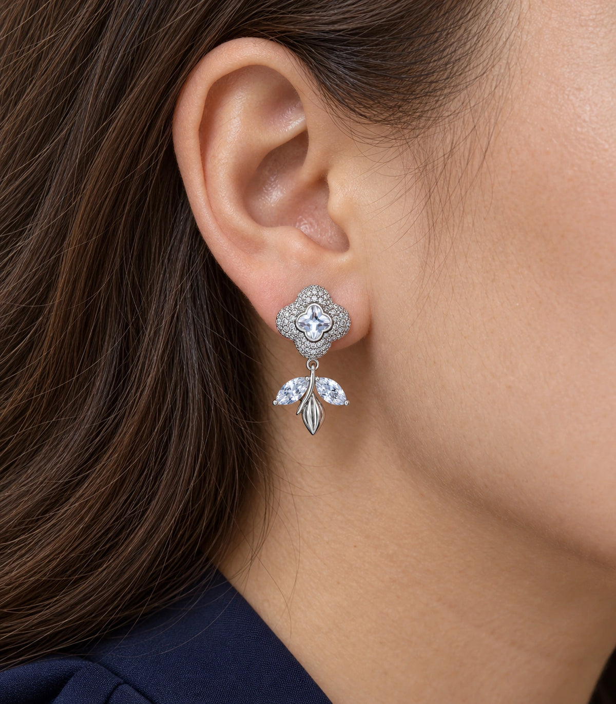 JIMIKI Quatrefoil Crystal Leaf Drop Earring Pair in Silver Tone, close-up detail #color_silver tone