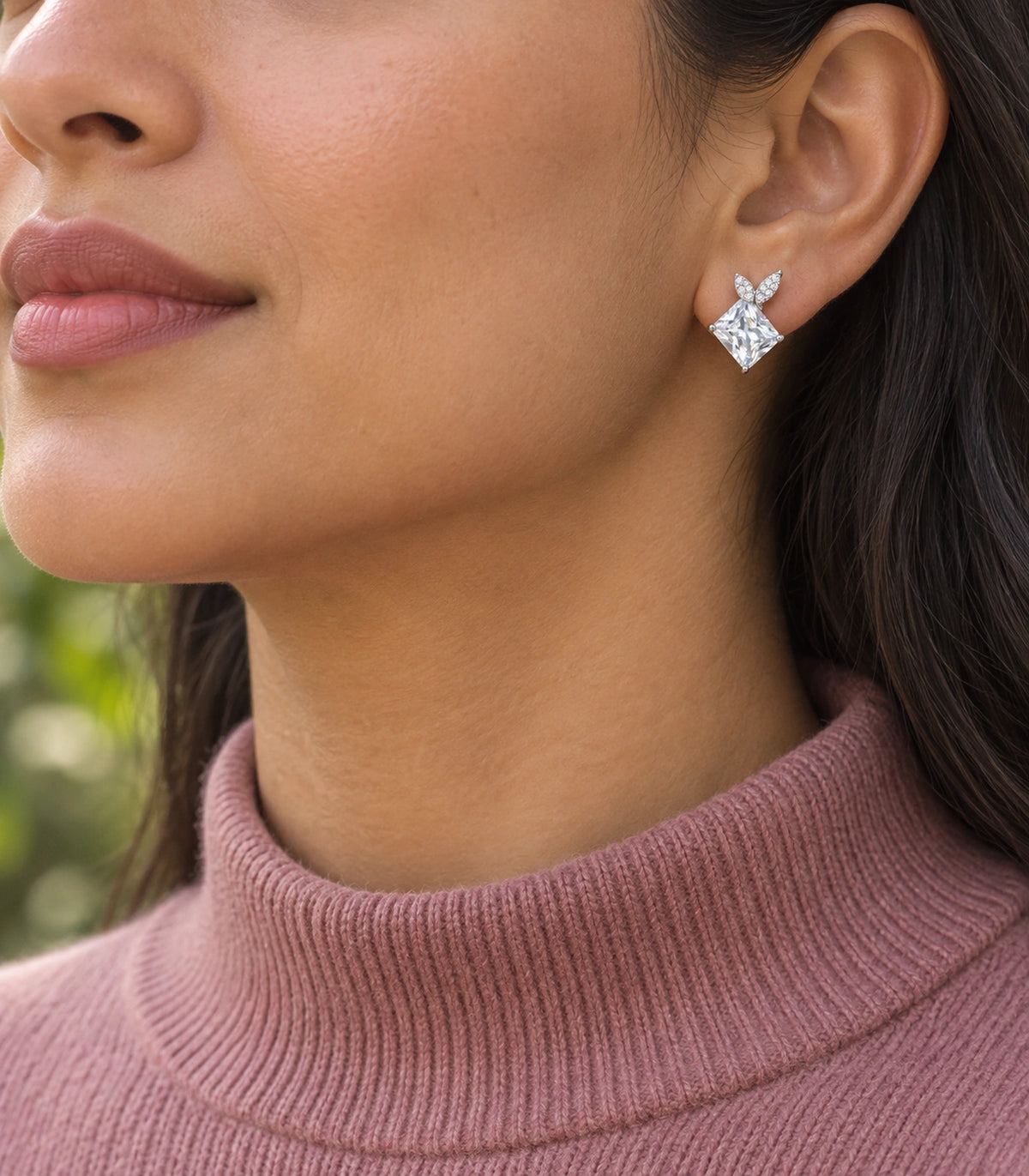 JIMIKI Rectangular Crystal Twin Leaf Stud Earring Pair in Silver-tone, editorial model view #color_silver-tone