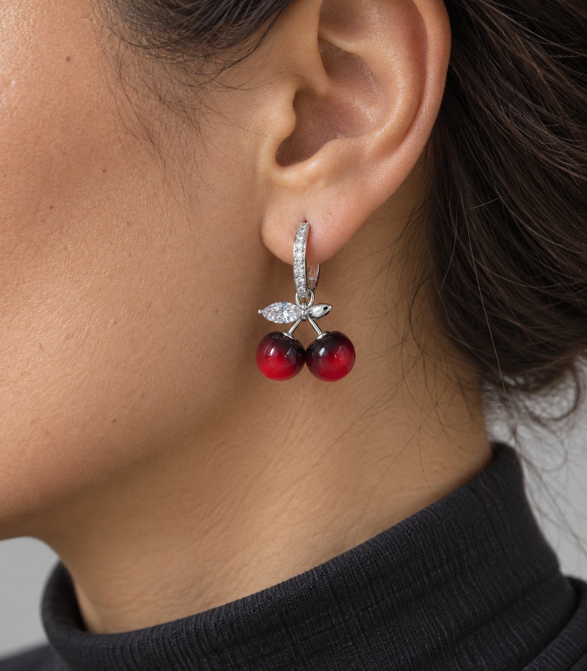 JIMIKI Cherry Crystal Leaf Hoop Earring Pair in Silver-tone / Red / Clear, close-up detail #color_silver-tone / red / clear