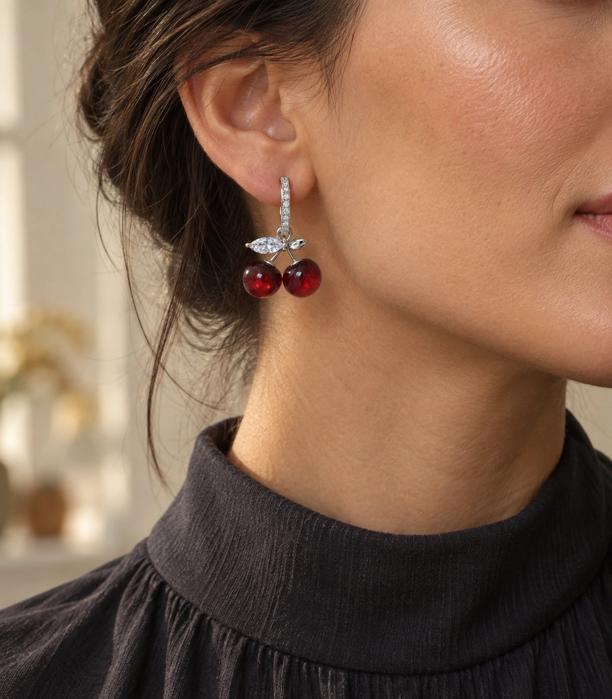 JIMIKI Cherry Crystal Leaf Hoop Earring Pair in Silver-tone / Red / Clear, editorial model view #color_silver-tone / red / clear