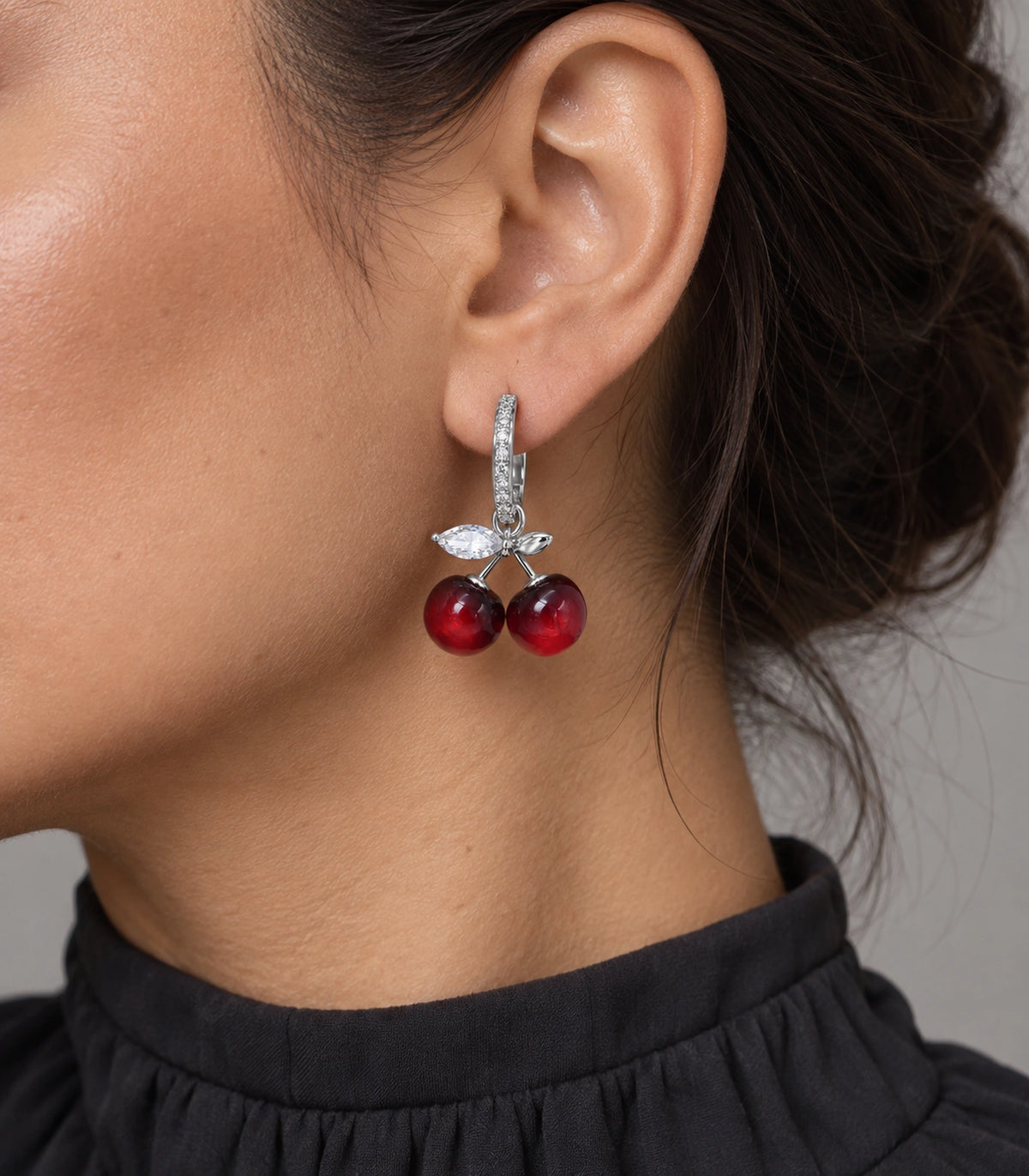 JIMIKI Cherry Crystal Leaf Hoop Earring Pair in Silver-tone / Red / Clear, model wearing view #color_silver-tone / red / clear