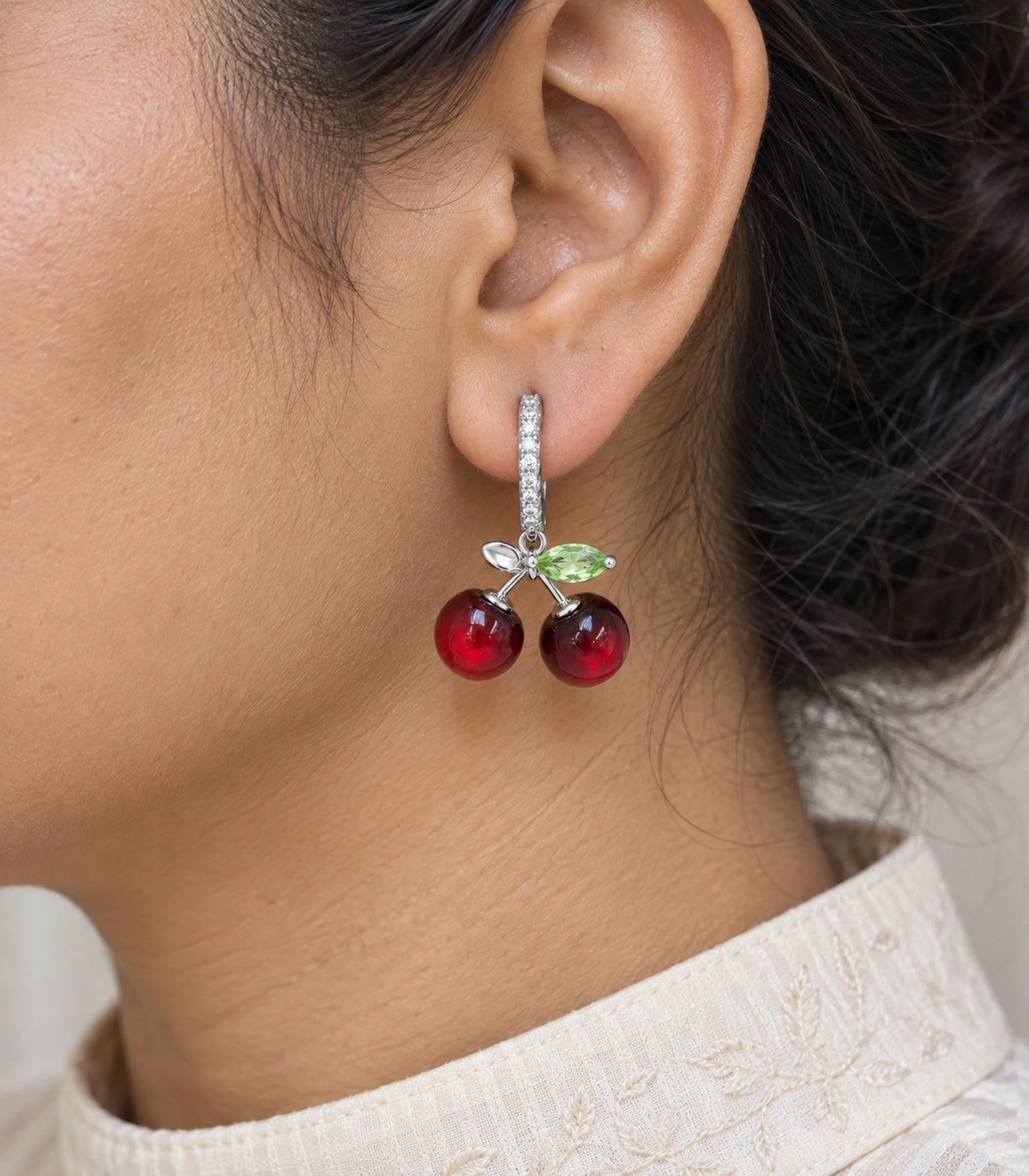 JIMIKI Cherry Crystal Leaf Hoop Earring Pair in Silver-tone / Red / Green, close-up detail #color_silver-tone / red / green