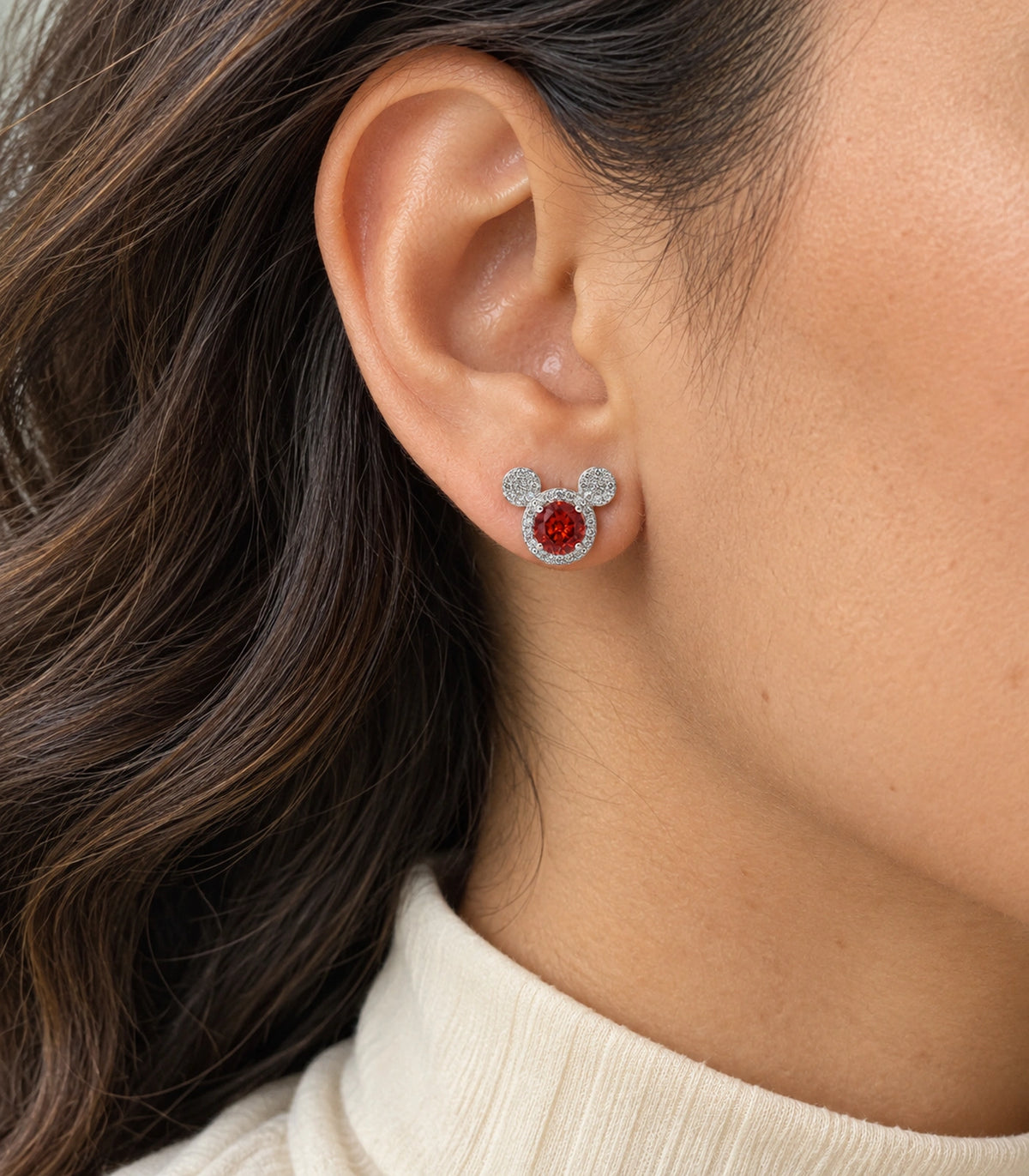 JIMIKI Crystal Three Circle Stud Earring Pair in Silver tone / red, close-up detail #color_silver tone / red