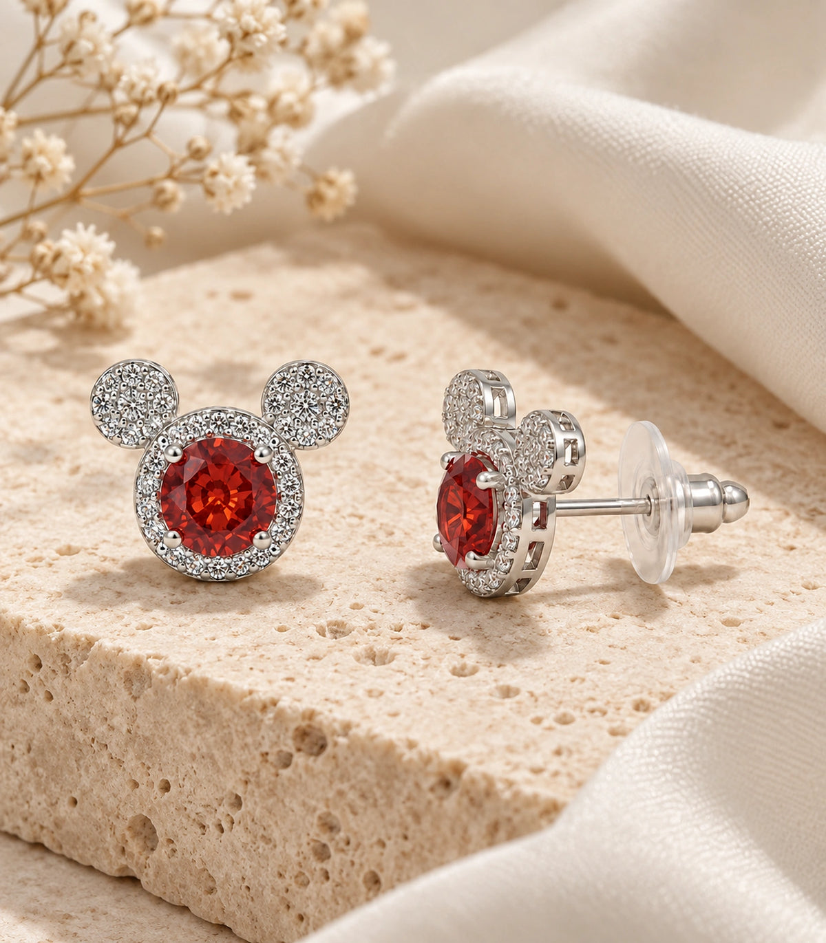 JIMIKI Crystal Three Circle Stud Earring Pair in Silver tone / red, editorial flat lay #color_silver tone / red