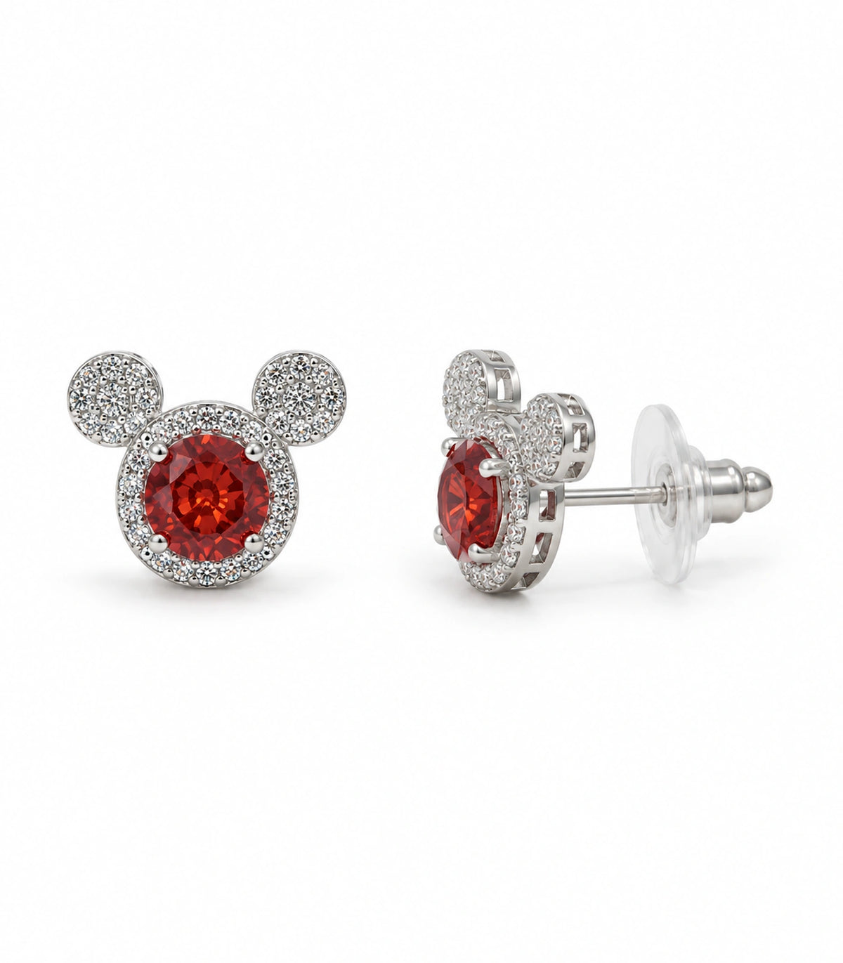 JIMIKI Crystal Three Circle Stud Earring Pair in Silver tone / red, white background product view #color_silver tone / red