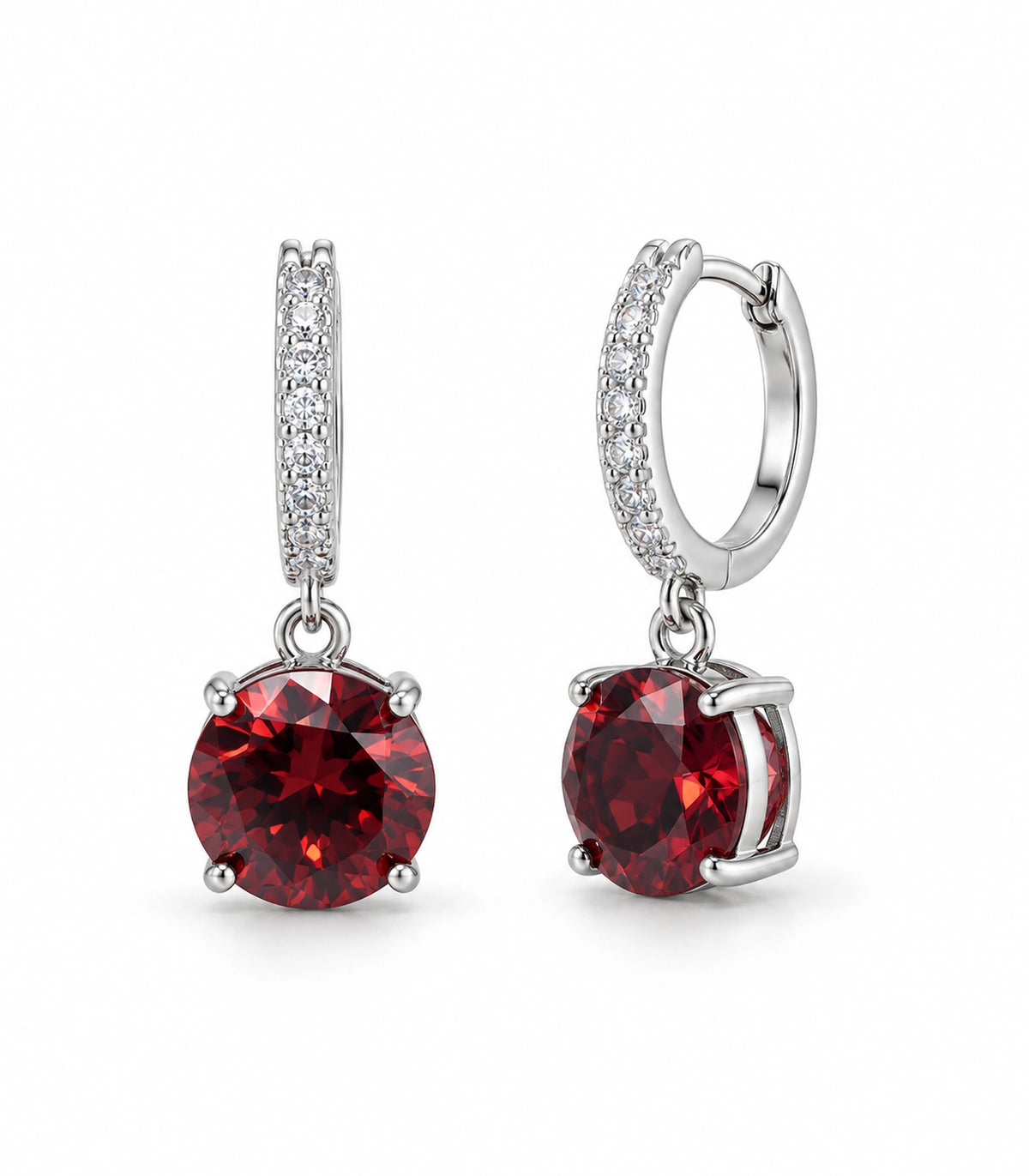 JIMIKI Round Crystal Hoop Drop Earring Pair in Silver tone / red, white background product view #color_silver tone / red