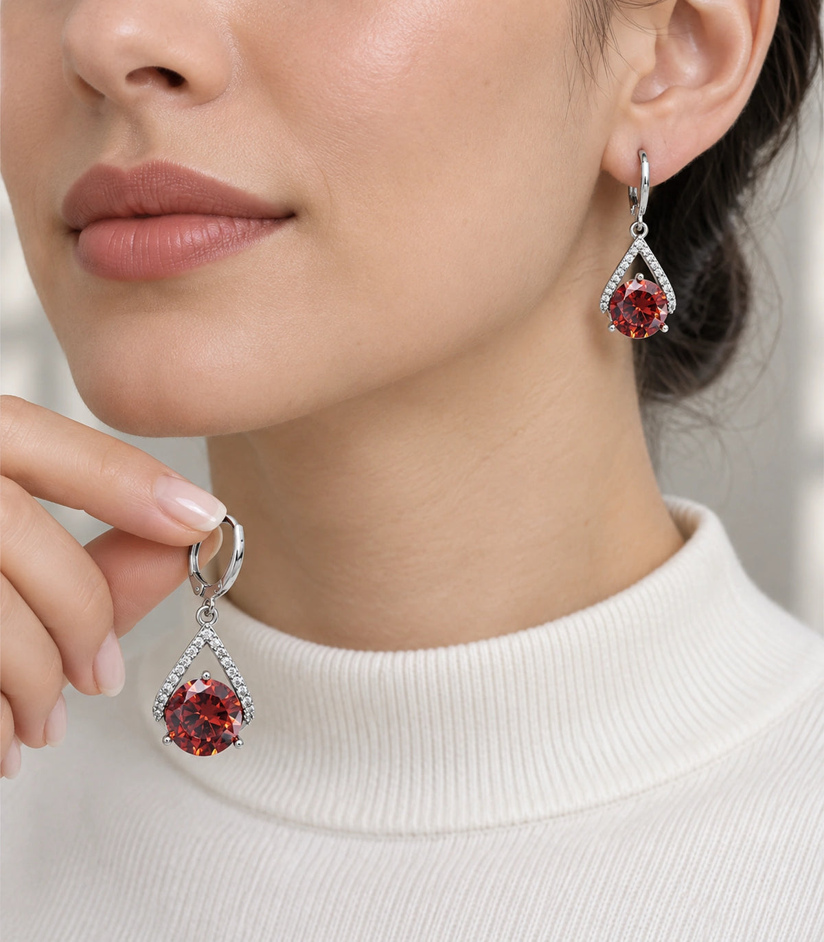 JIMIKI Round Crystal Teardrop Frame Drop Earring Pair in Silver tone/Red, model wearing view #color_silver tone/red