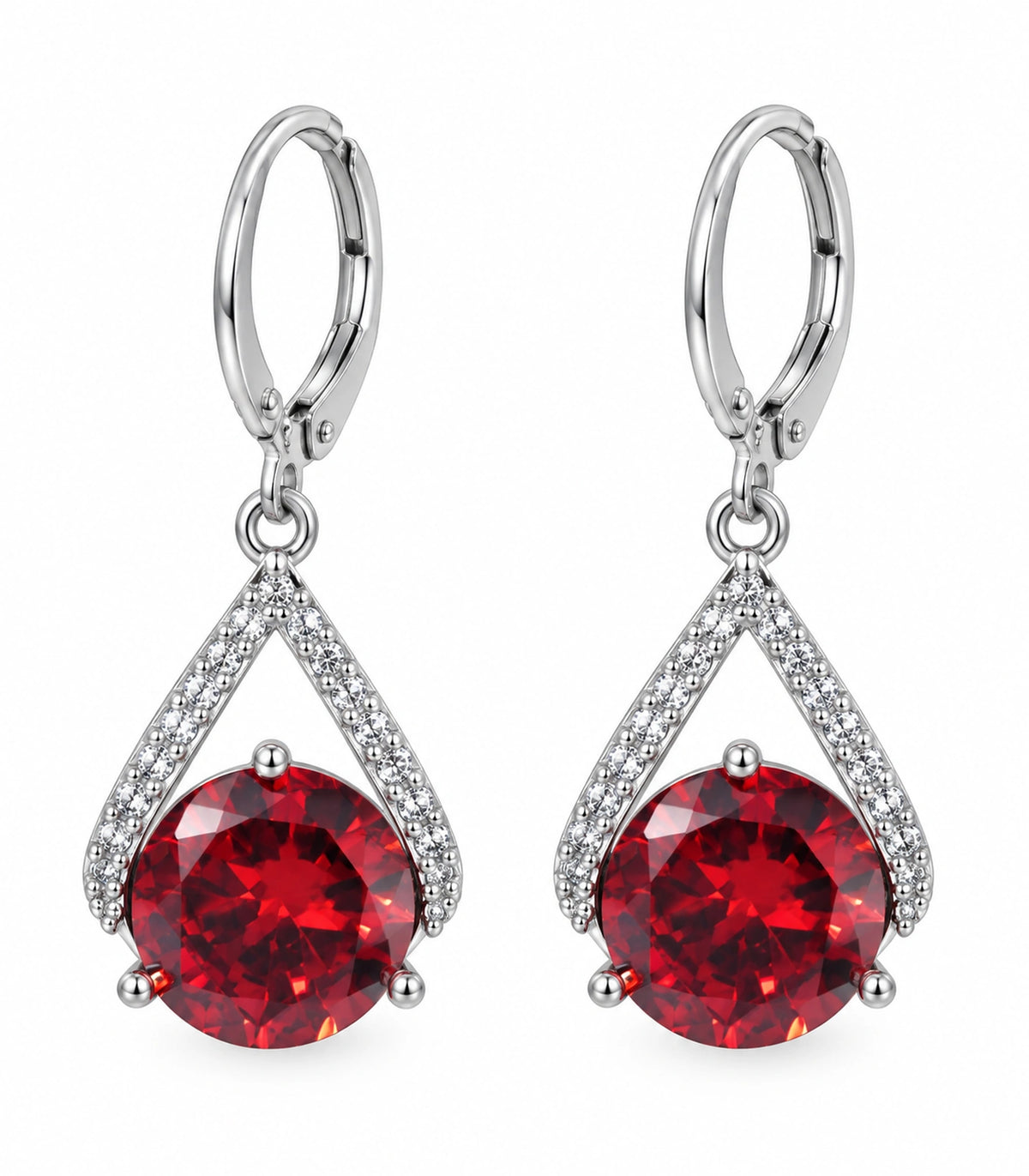 JIMIKI Round Crystal Teardrop Frame Drop Earring Pair in Silver tone/Red, white background product view #color_silver tone/red