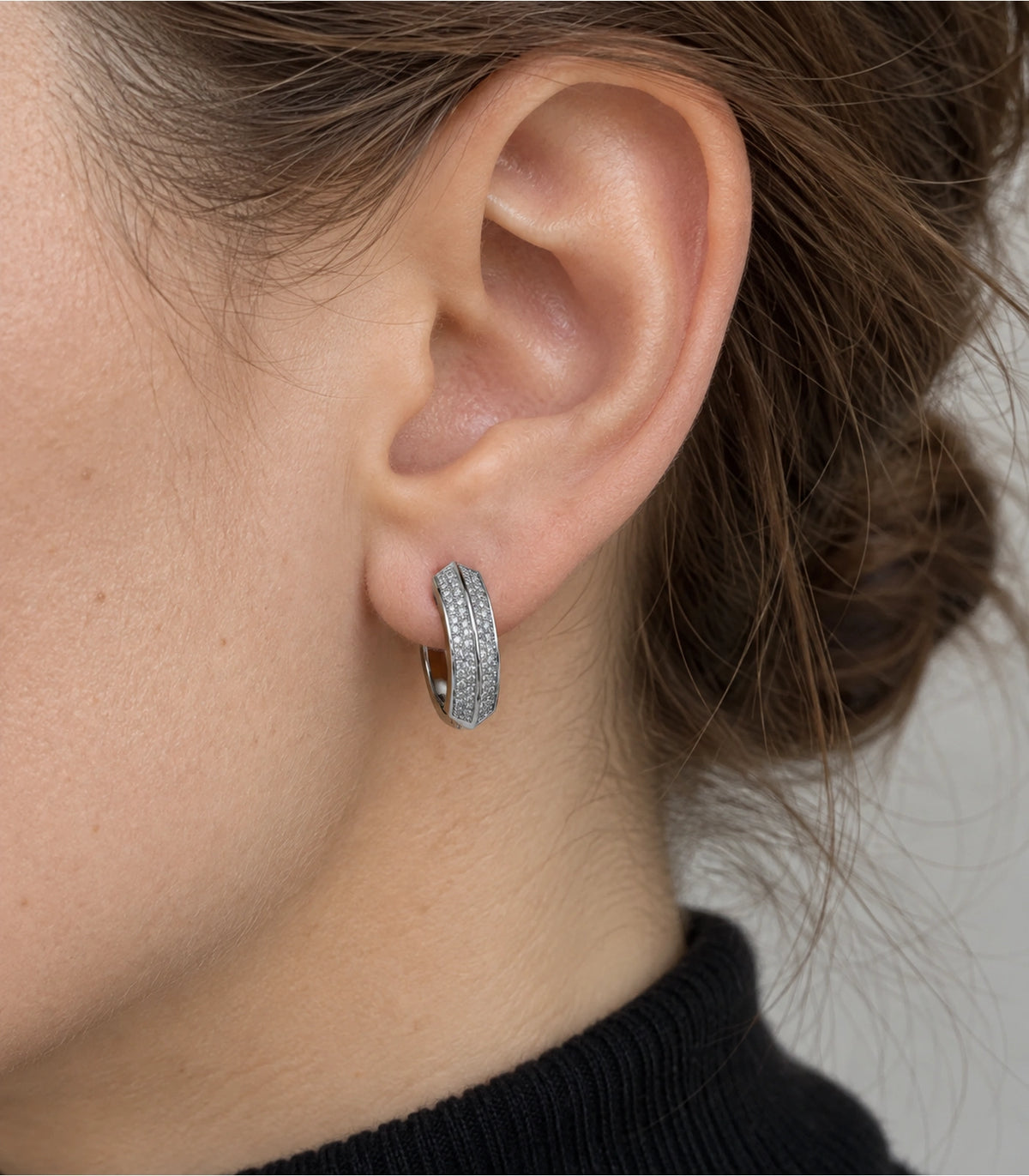 JIMIKI ridged pave hinged hoop earring pair in silver tone, close-up detail #color_silver tone