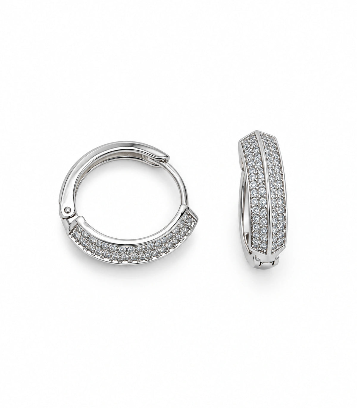 JIMIKI ridged pave hinged hoop earring pair in silver tone, white background view #color_silver tone