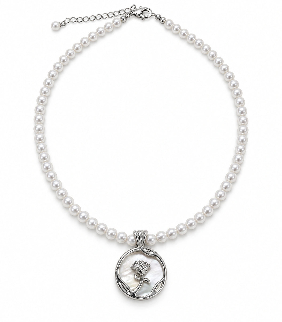 JIMIKI Silver Tone Rose Medallion Pearl Style Necklace in Silver tone / white, white background product view