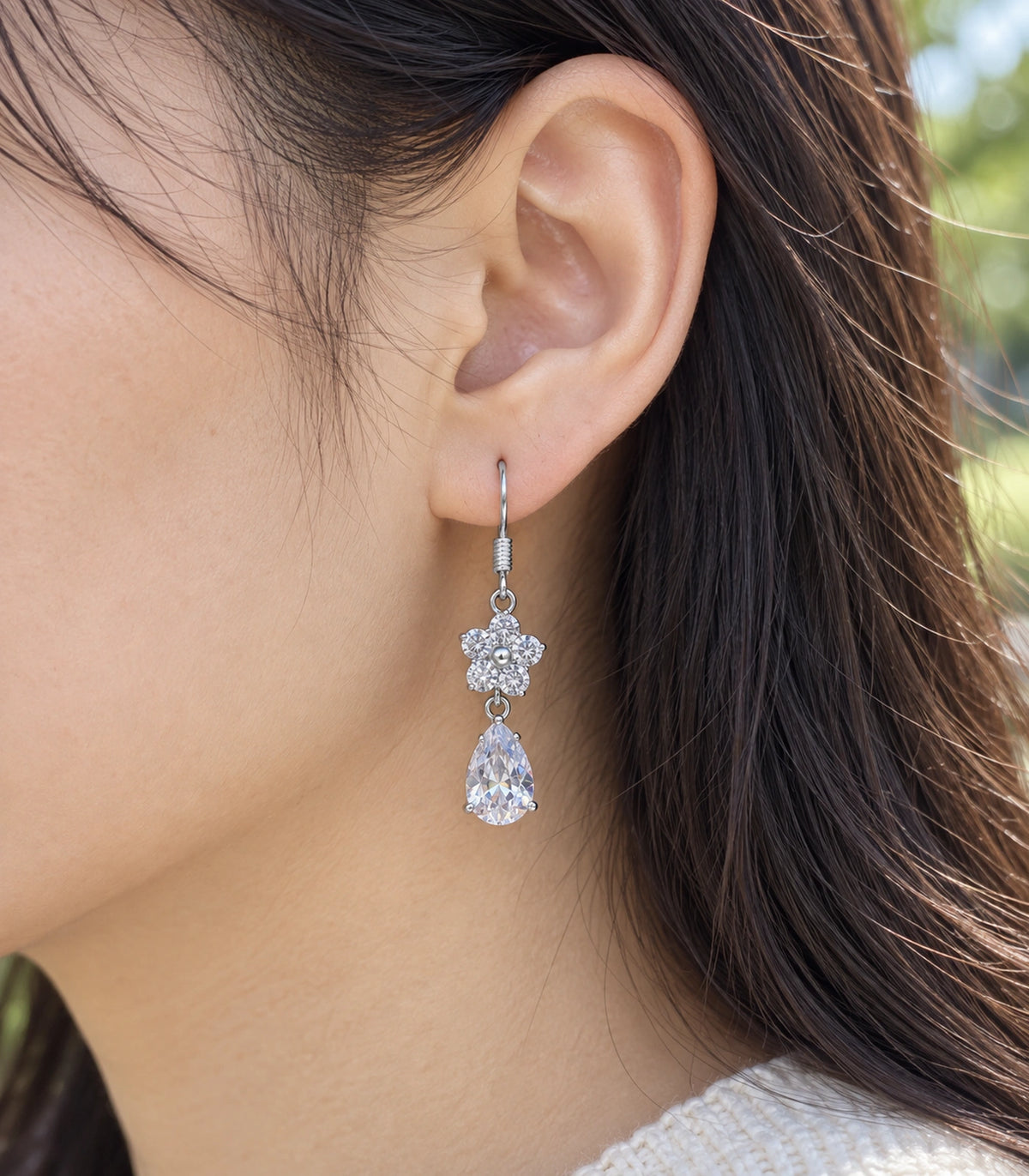 JIMIKI Silver-Tone Round Crystal Flower Pear Drop Earrings in Silver Tone, close-up detail