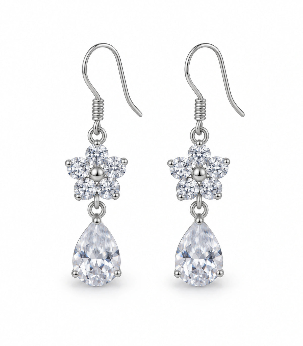 JIMIKI Silver-Tone Round Crystal Flower Pear Drop Earrings in Silver Tone, white background product view