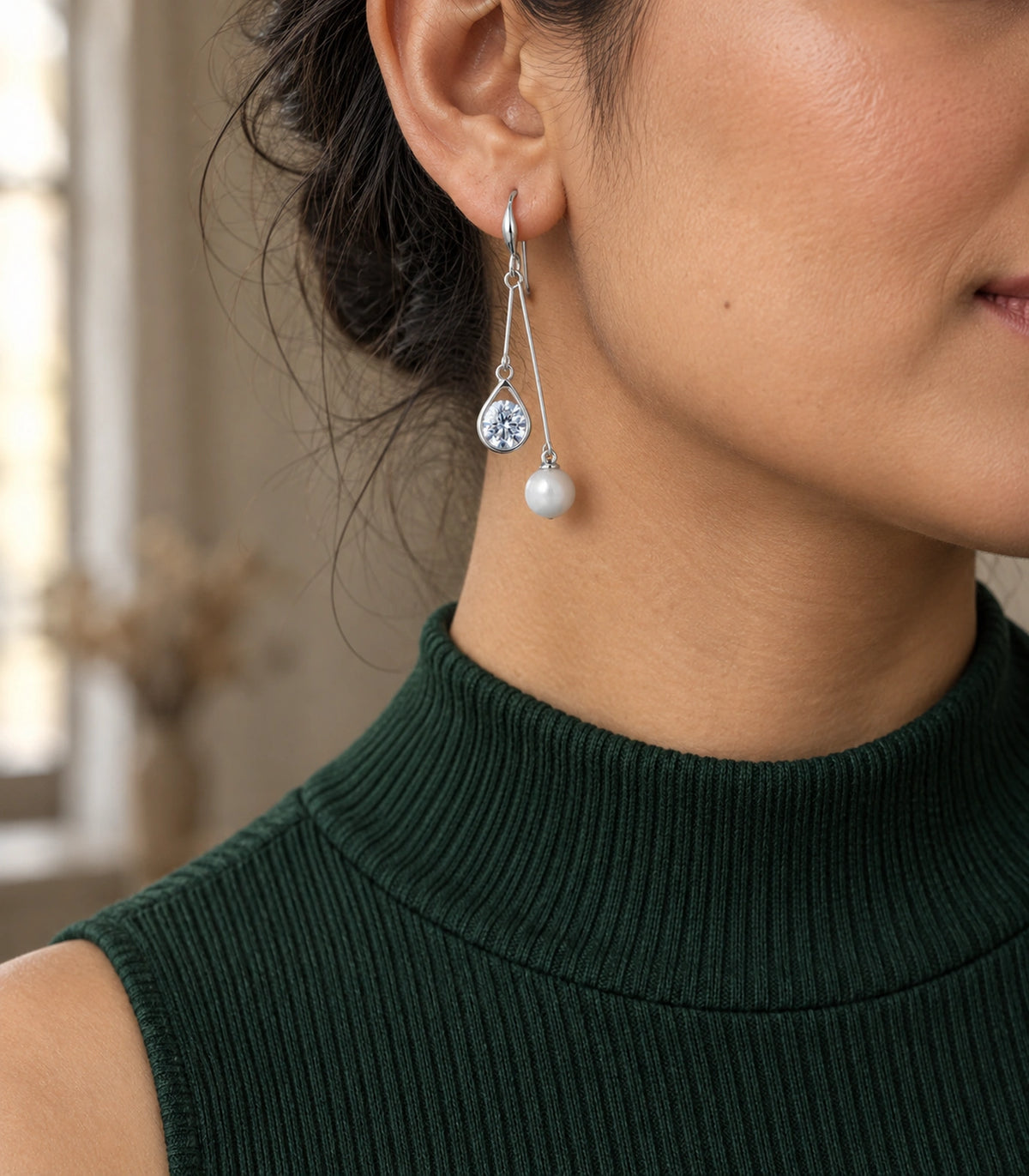 JIMIKI Silver-Tone Round Crystal Pearl Twin Wire Drop Earrings in Silver Tone, editorial model view