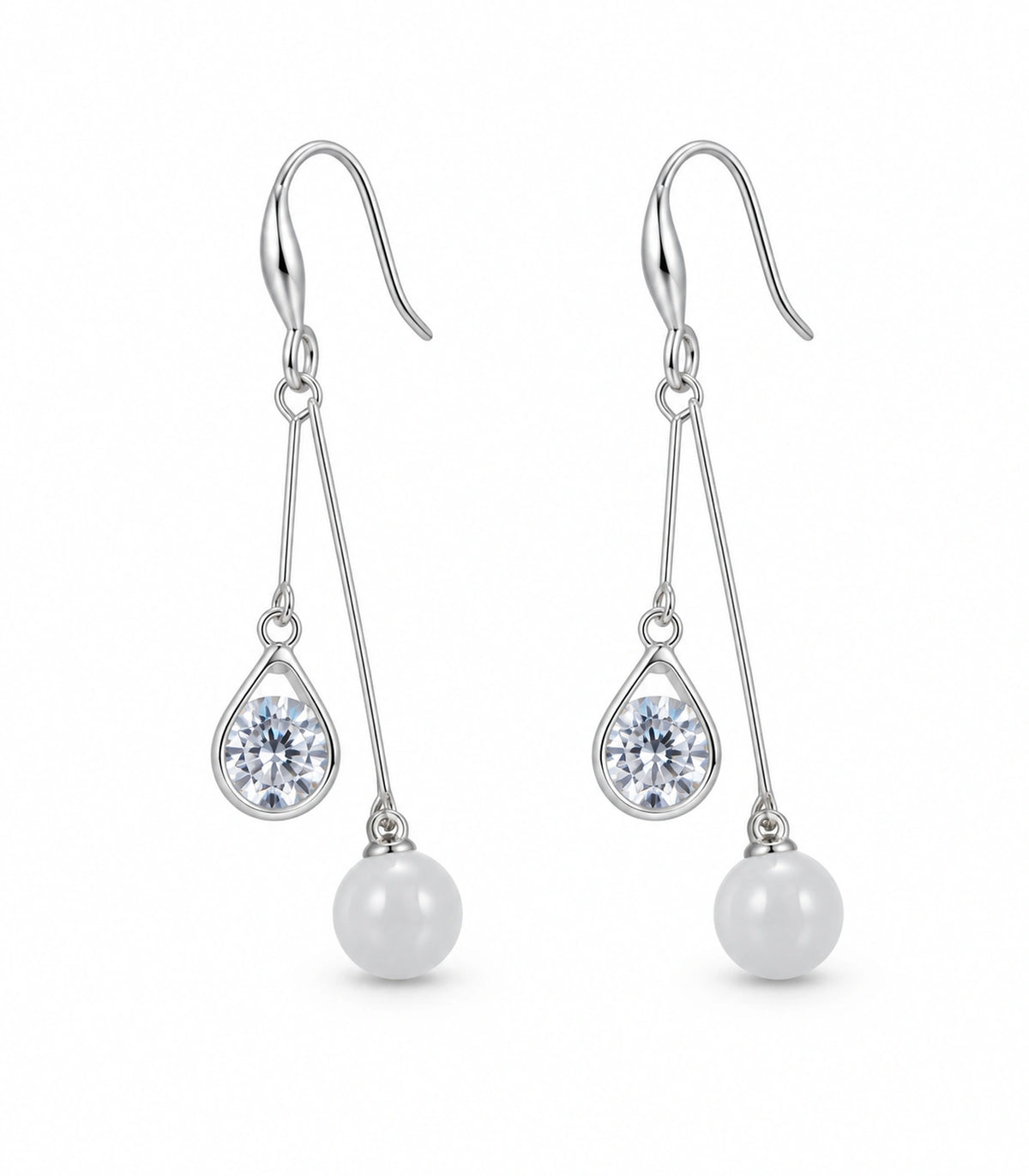 JIMIKI Silver-Tone Round Crystal Pearl Twin Wire Drop Earrings in Silver Tone, white background product view