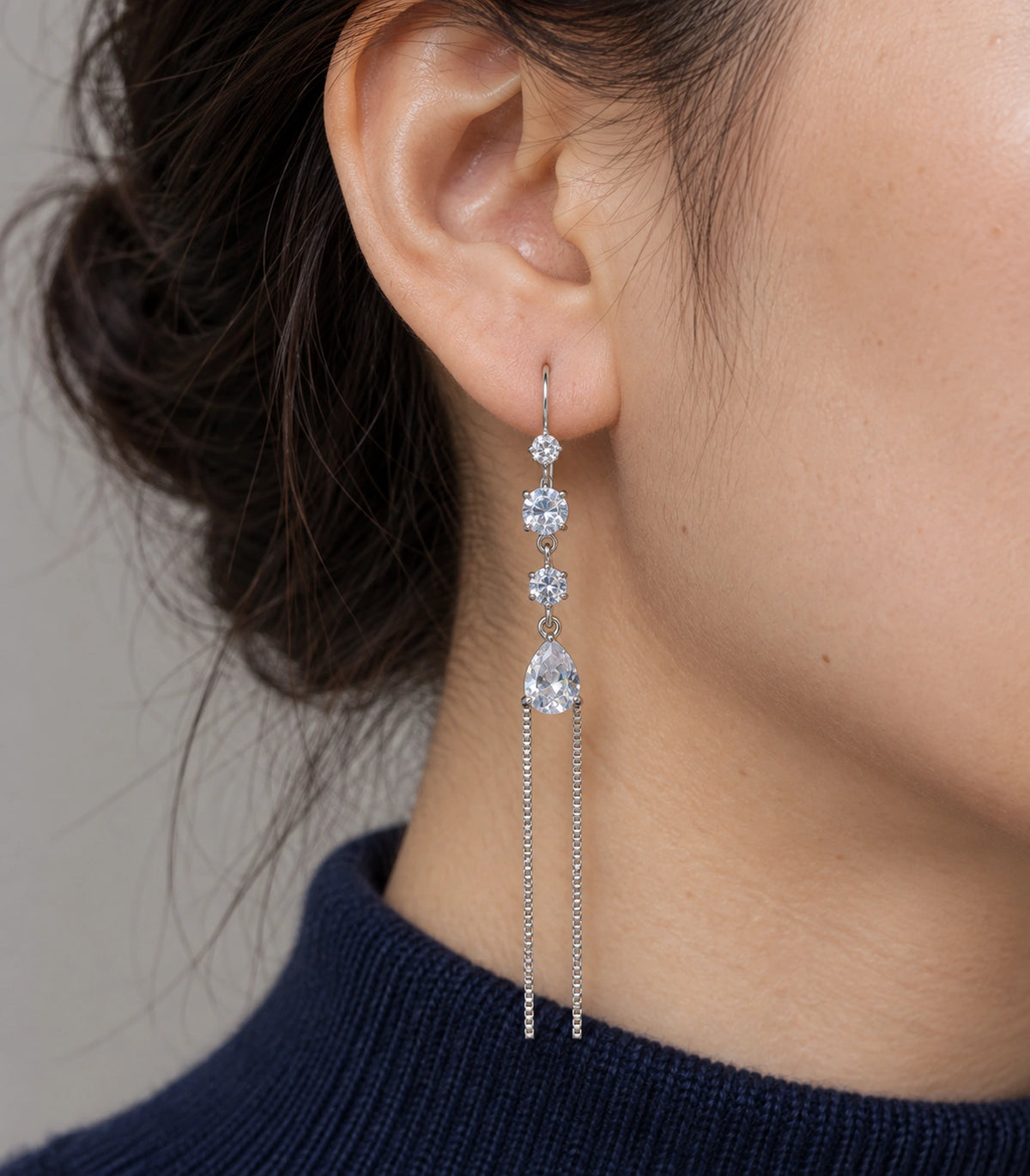 JIMIKI Silver Tone Round Pear Twin Chain Earring Pair in Silver-tone, close-up detail
