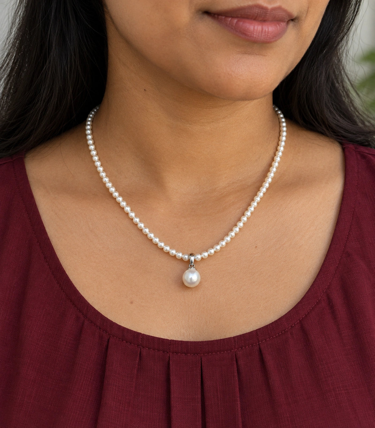 JIMIKI Silver Tone Round Pearl Drop Beaded Necklace in Silver tone / white, model wearing view