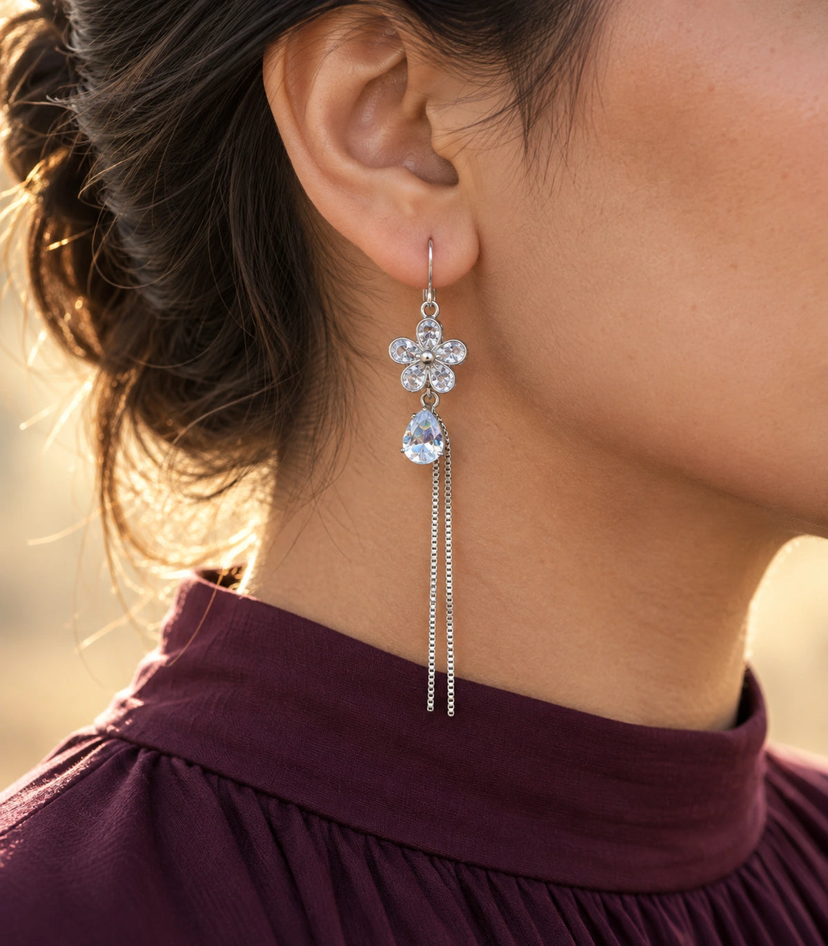 JIMIKI Silver Tone Rounded Flower Pear Twin Chain Earring Pair in Silver-tone, editorial model view
