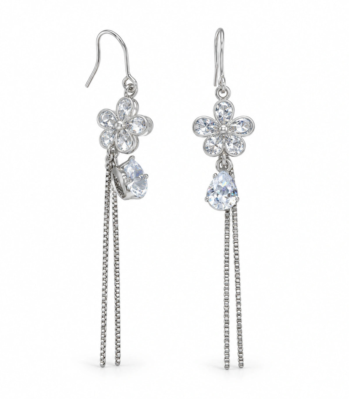 JIMIKI Silver Tone Rounded Flower Pear Twin Chain Earring Pair in Silver-tone, white background product view