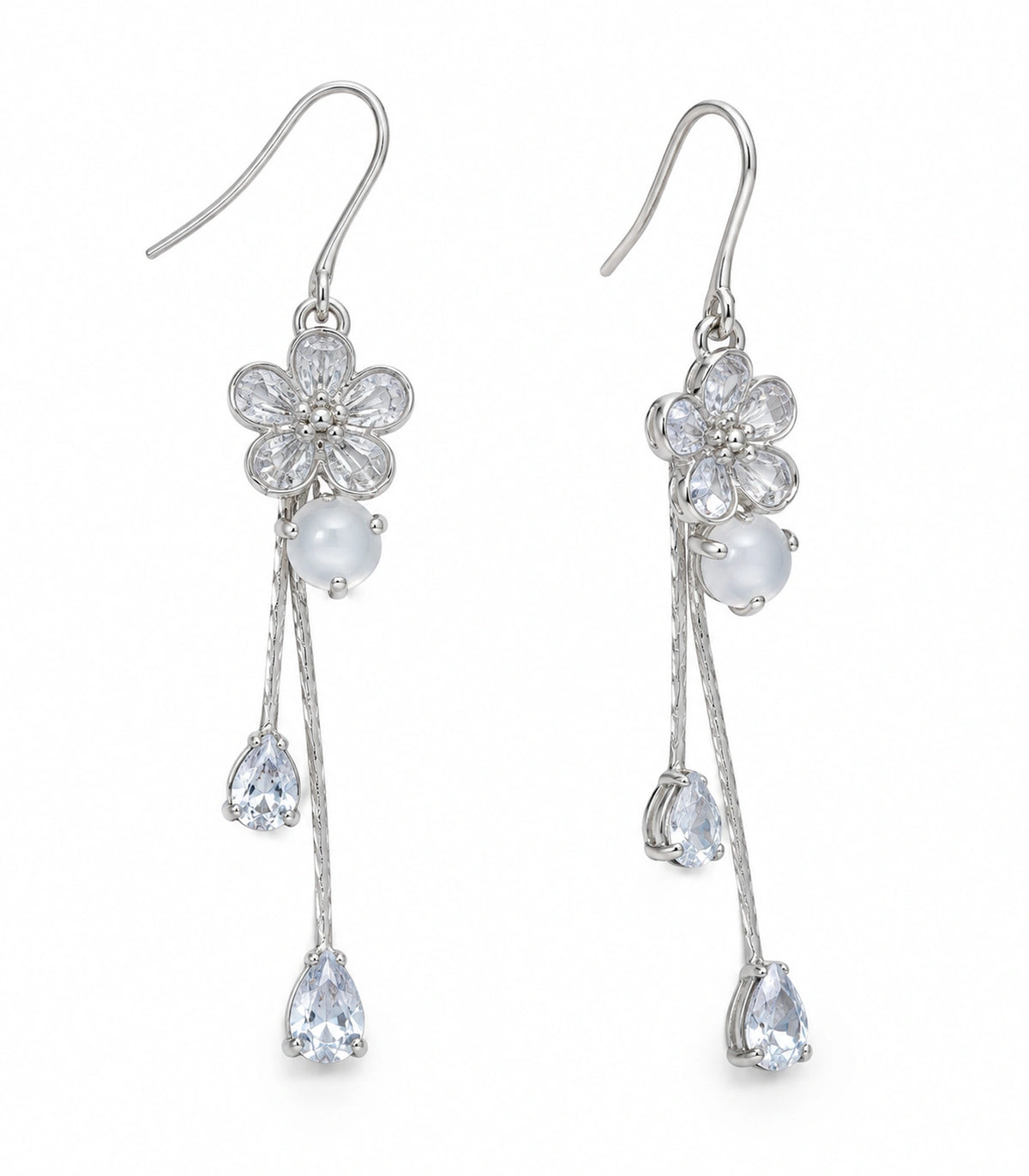 JIMIKI Silver Tone Rounded Flower White Stone Twin Pear Earring Pair in Silver-tone, white background product view
