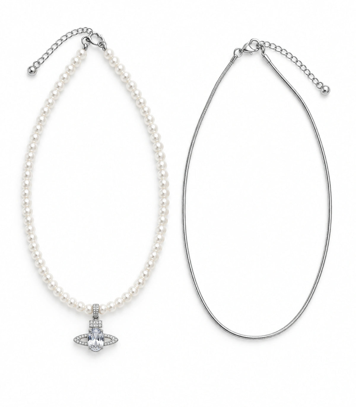 JIMIKI Silver-Tone Saturn Layered Pearl Necklace Set in Silver-tone / clear / white, on a white background