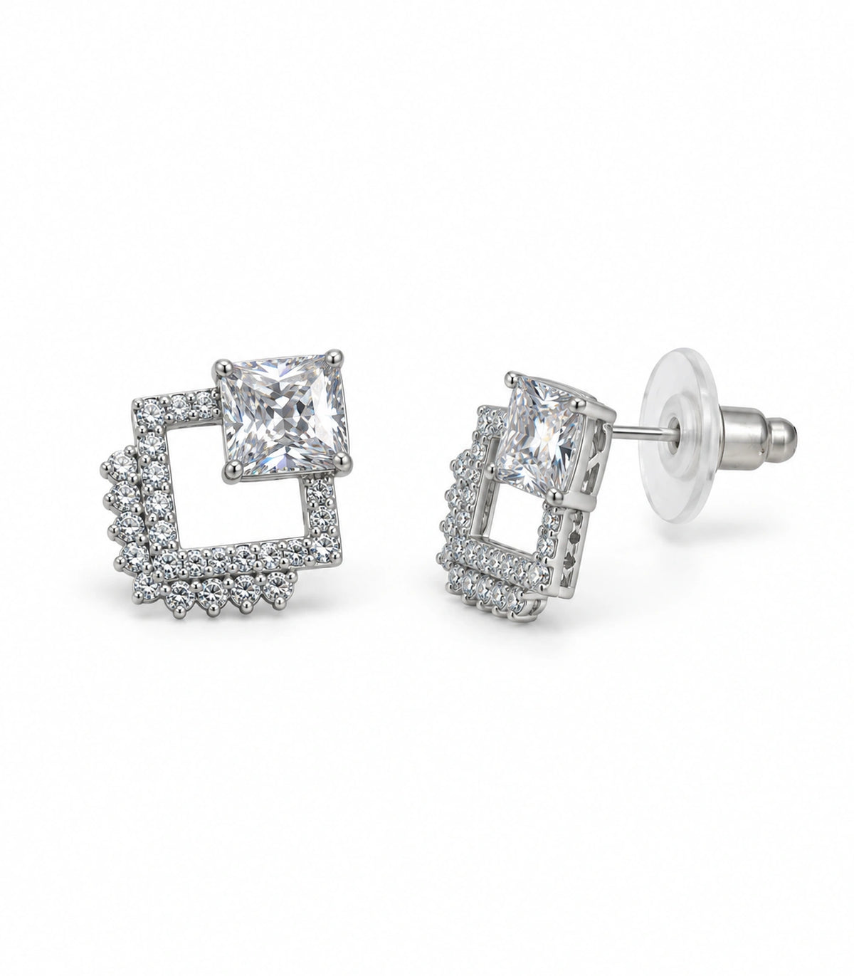 JIMIKI Silver Tone Square Crystal Open Square Stud Earring Pair in Silver tone / clear, white background product view
