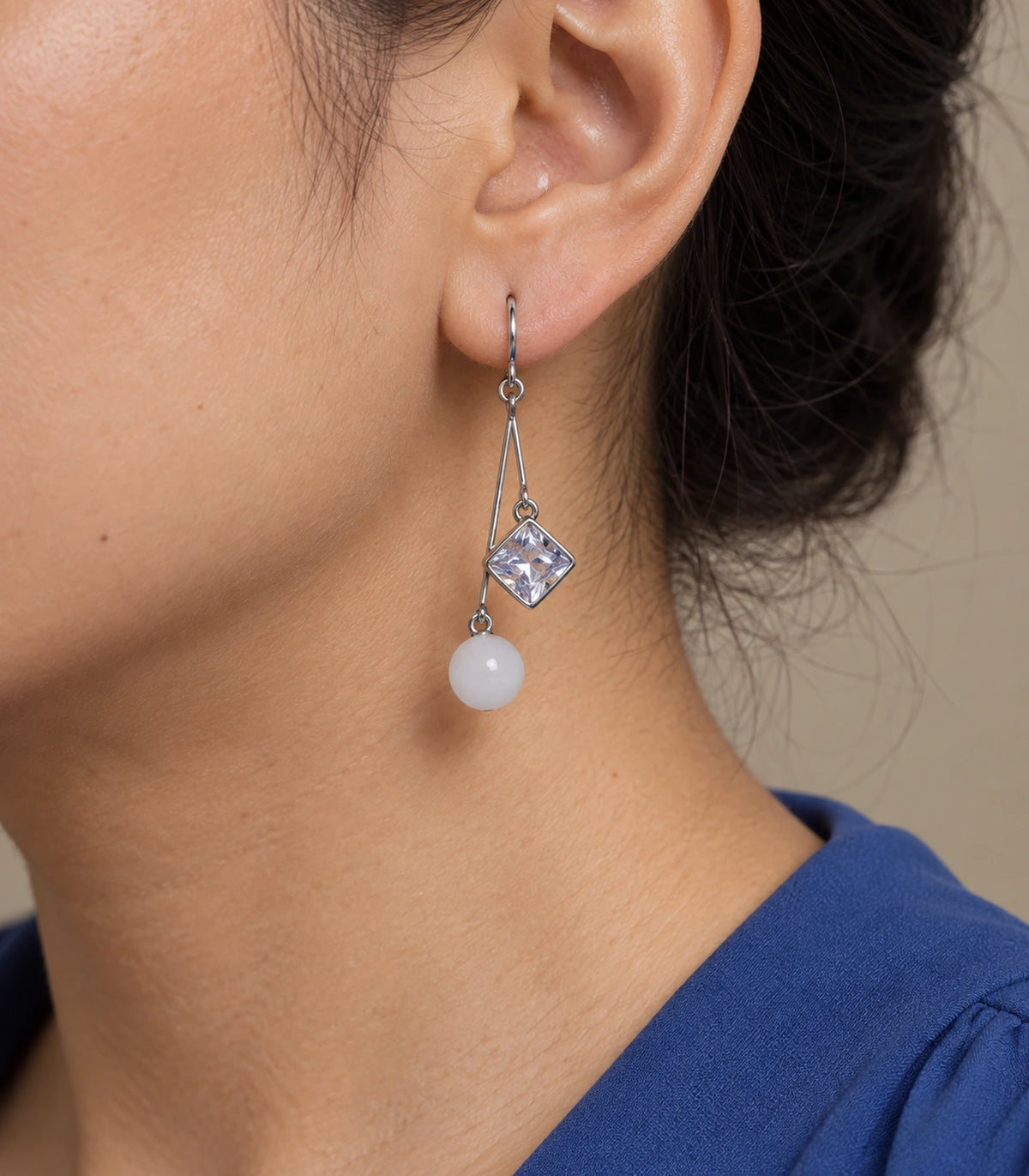 JIMIKI Silver Tone Square Crystal White Bead Wire Drop Earring Pair in Silver-tone, close-up detail