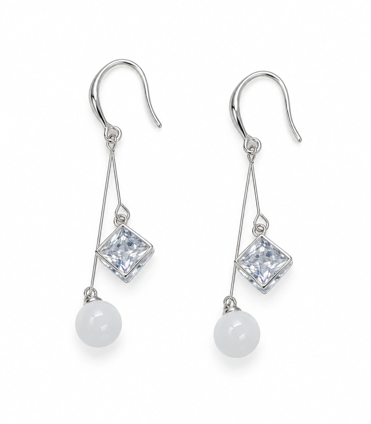 JIMIKI Silver Tone Square Crystal White Bead Wire Drop Earring Pair in Silver-tone, white background product view