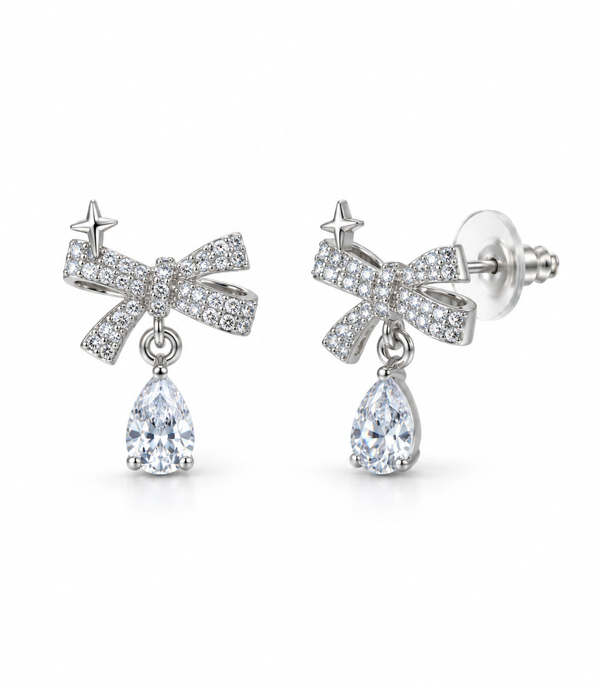 JIMIKI Silver-Tone Star Bow Pear-Drop Earrings in Silver / Clear, white background product view