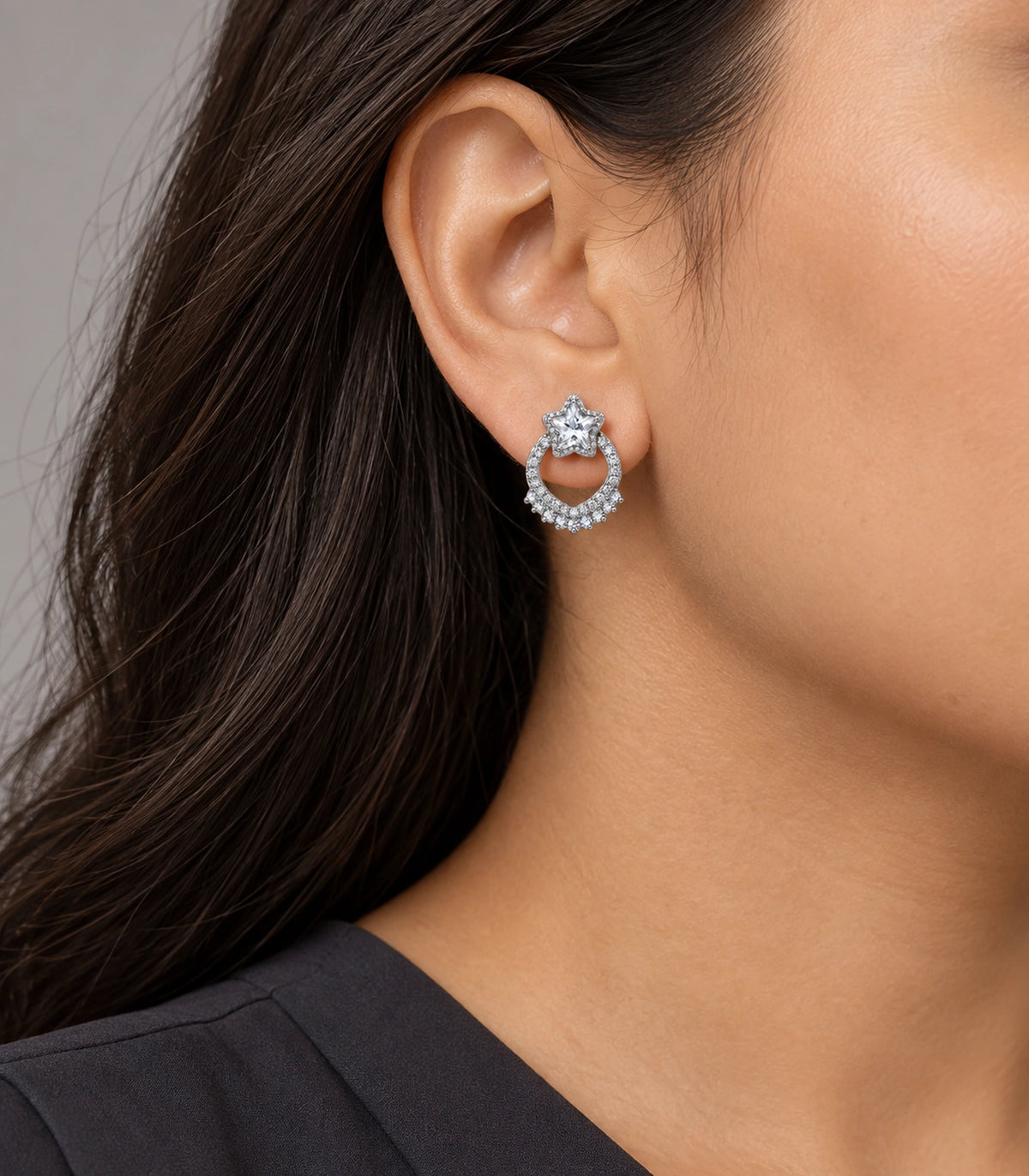JIMIKI Star Crystal Open Loop Stud Earring Pair in Silver Tone, model wearing view #color_silver tone