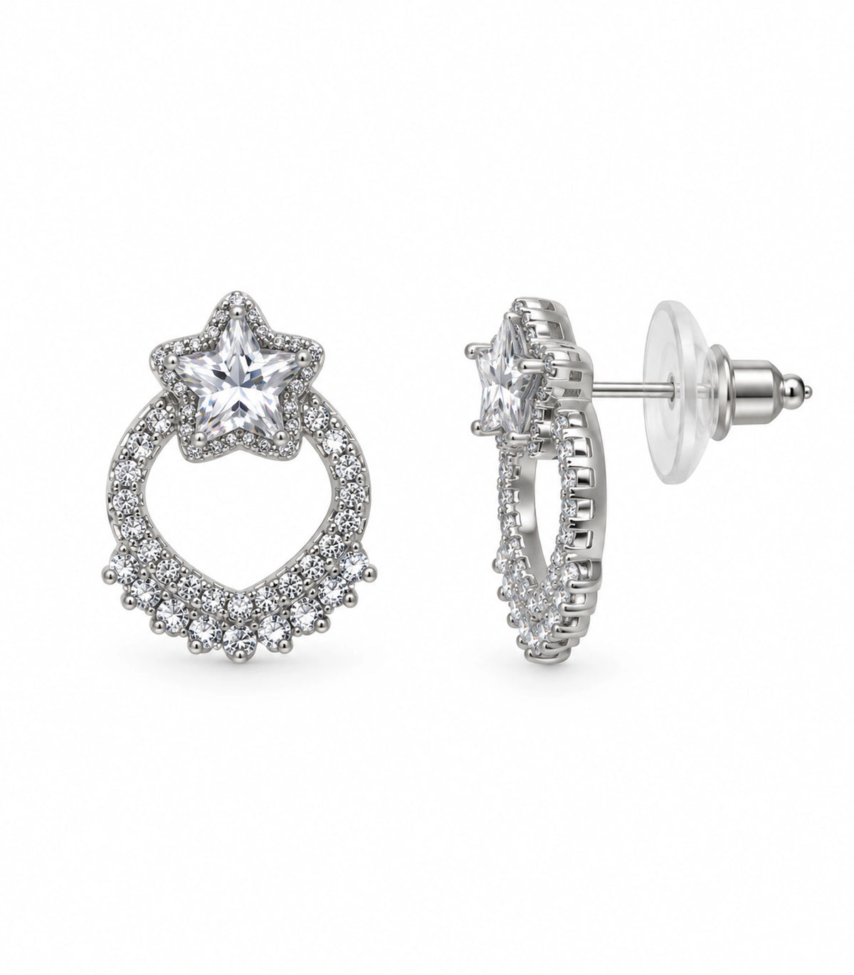 JIMIKI Star Crystal Open Loop Stud Earring Pair in Silver Tone, white background product view #color_silver tone