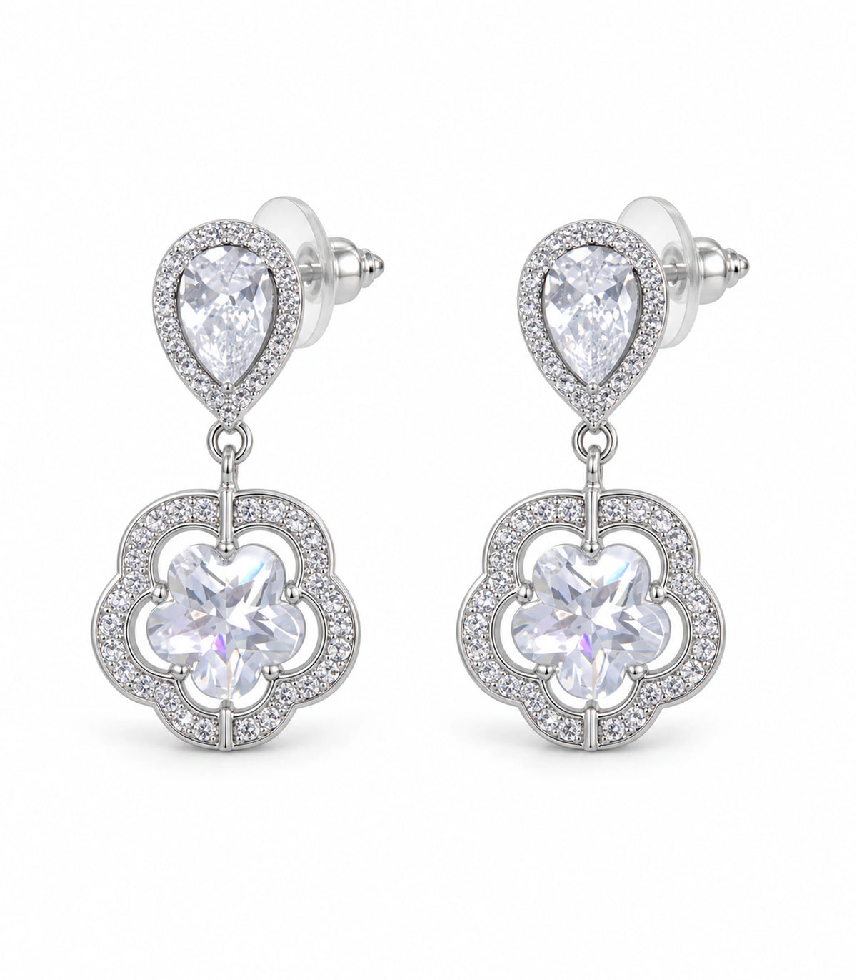 JIMIKI Teardrop Flower Crystal Drop Earring Pair in Silver-tone, white background product view #color_silver-tone