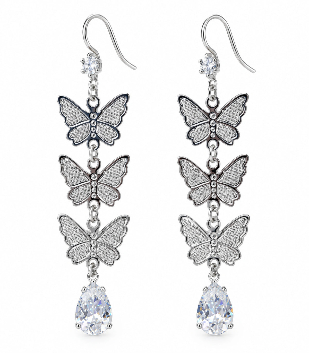 JIMIKI Silver Tone Three Butterfly Pear Drop Earring Pair in Silver-tone, white background product view