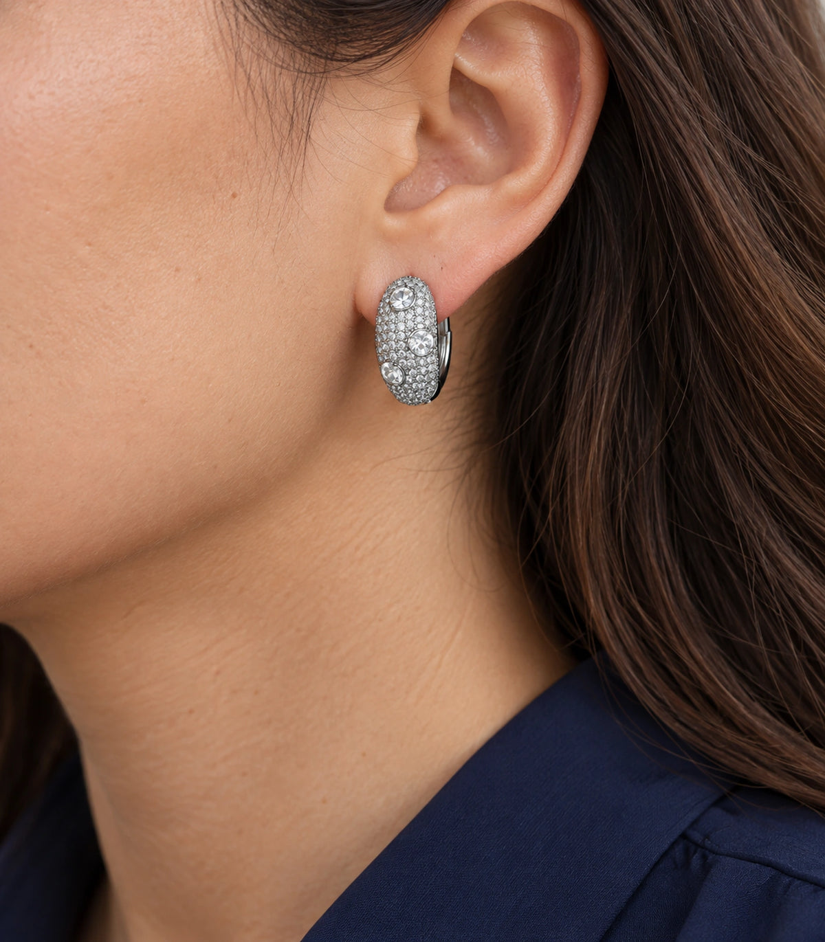 JIMIKI Three Crystal Domed Pave Hoop Earring Pair in Silver Tone, close-up detail #color_silver tone