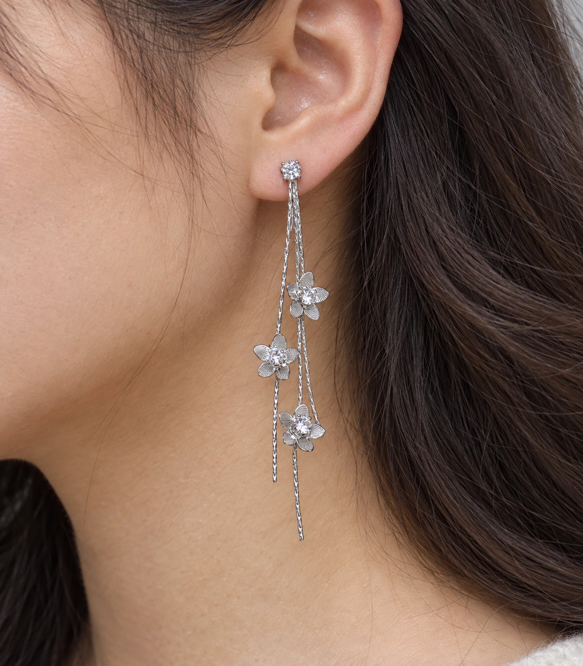 JIMIKI Silver Tone Three Flower Triple Chain Stud Earring Pair in Silver-tone, close-up detail
